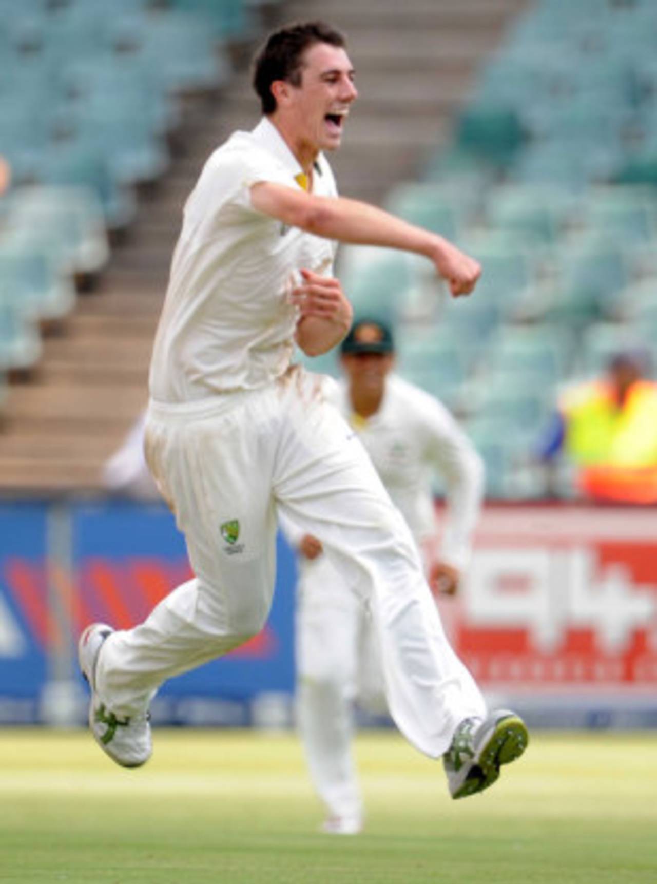 Pat Cummins celebrates his maiden Test wicket, South Africa v Australia, 2nd Test, Johannesburg, 1st day, November 17, 2011