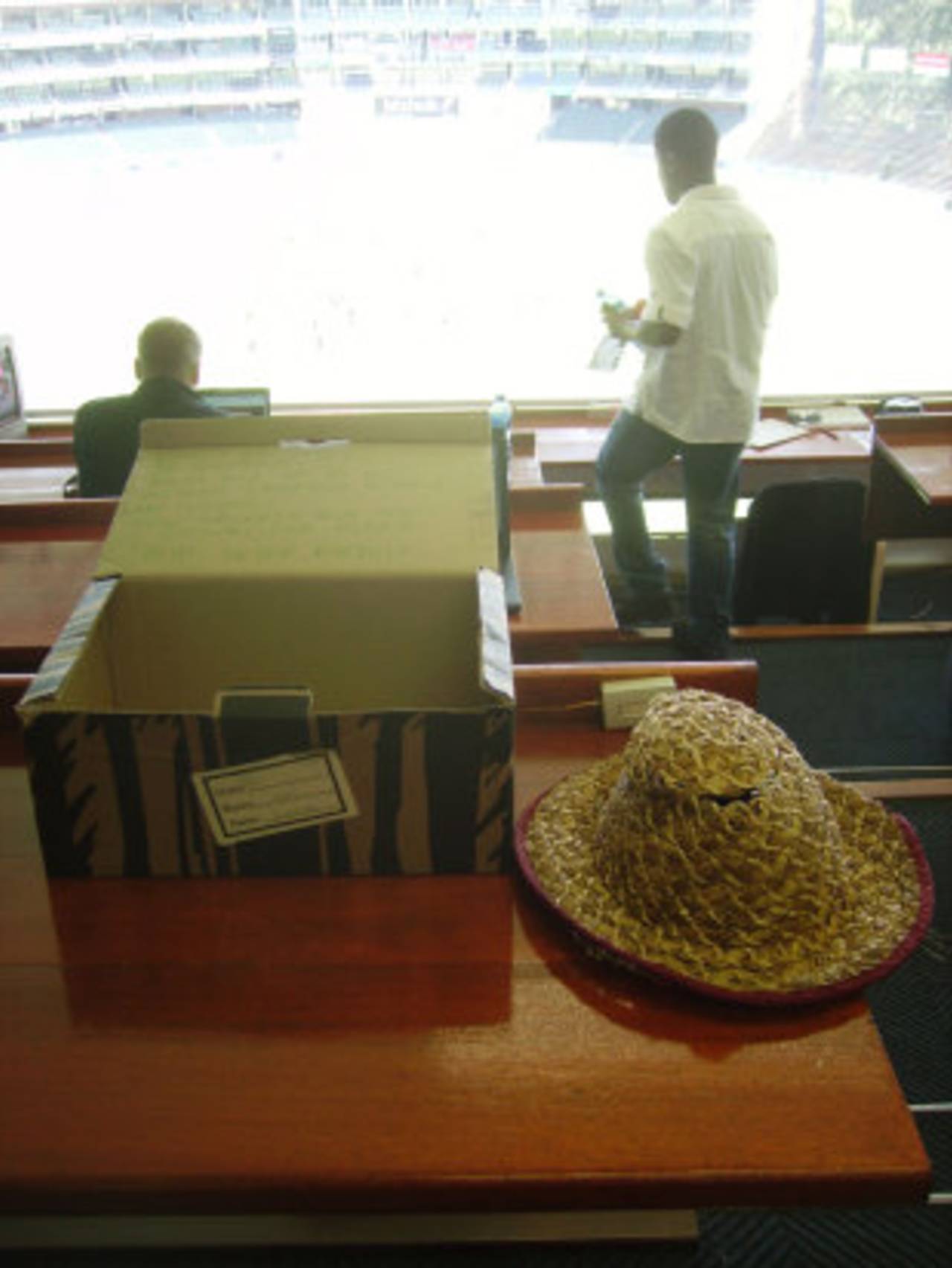 Peter Roebuck's hat sits on a desk in the press box, South Africa v Australia, 2nd Test, Johannesburg, 1st day, November 17, 2011