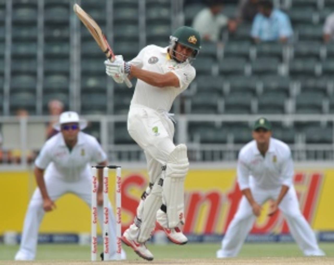 Usman Khawaja pulls during his maiden Test fifty, South Africa v Australia, 2nd Test, Johannesburg, 4th day, November 20, 2011