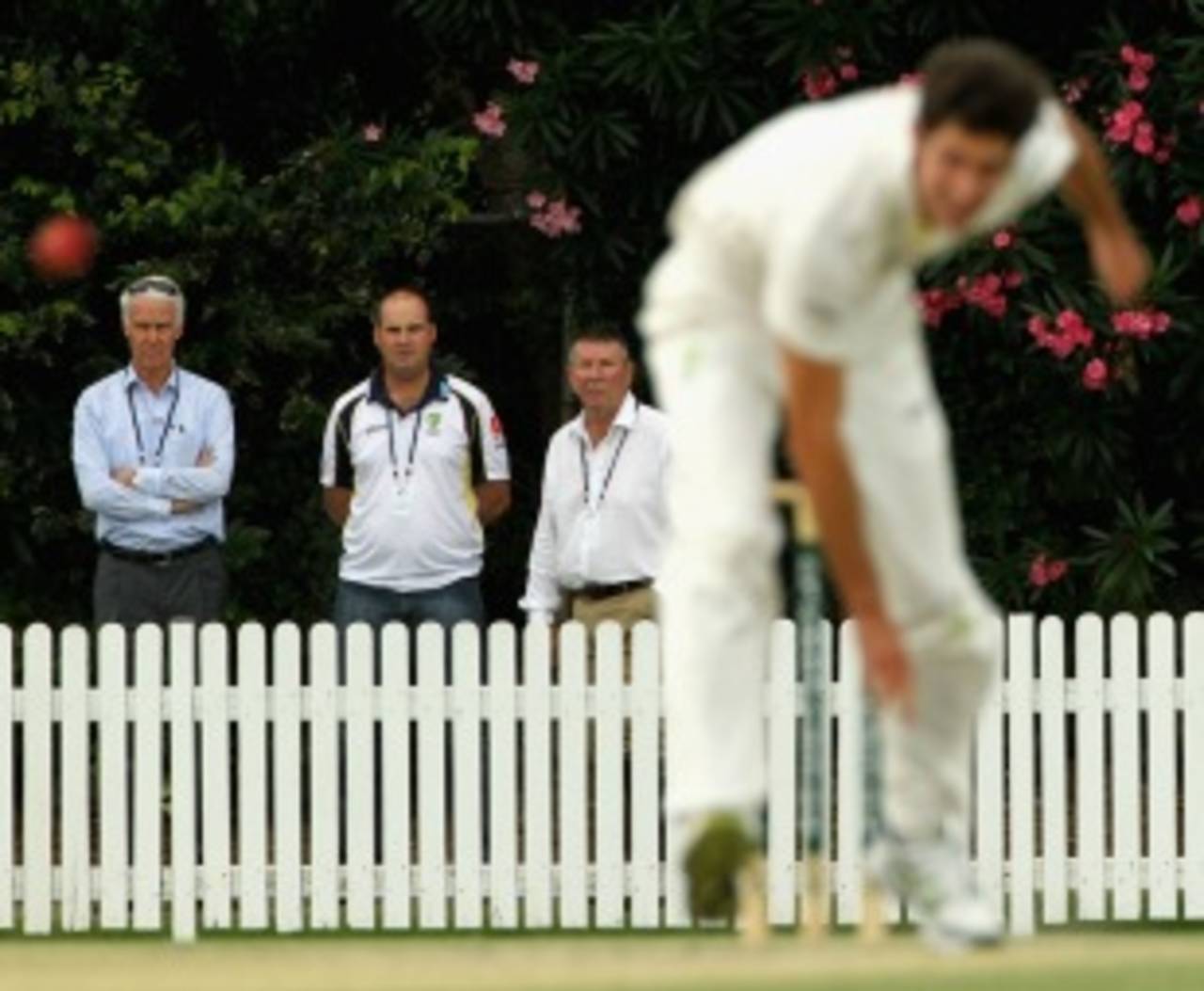 Selectors John Inverarity, Mickey Arthur and Rod Marsh watch Ben Cutting, Australia A v New Zealanders, Brisbane, day 3, November 26 2011