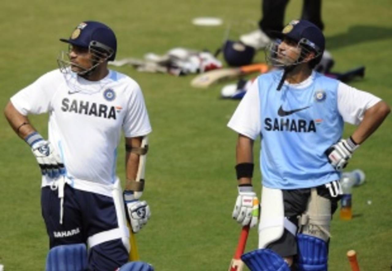 Virender Sehwag and Gautam Gambhir at a net session on the eve of the first ODI against West Indies, Cuttack, November 28, 2011