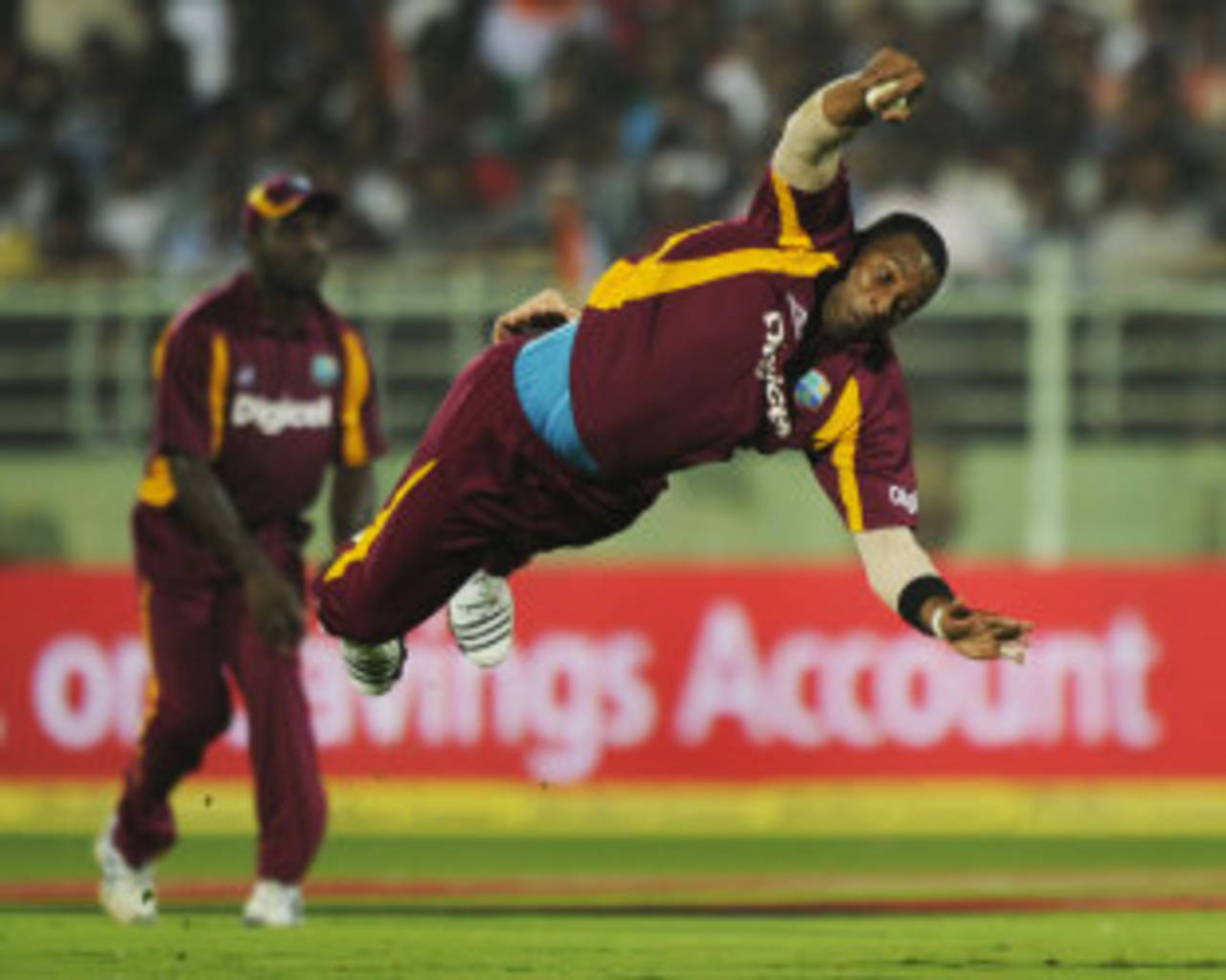 Kieron Pollard makes a diving stop in the field, India v West Indies, 2nd ODI, Visakhapatnam, December 2, 2011