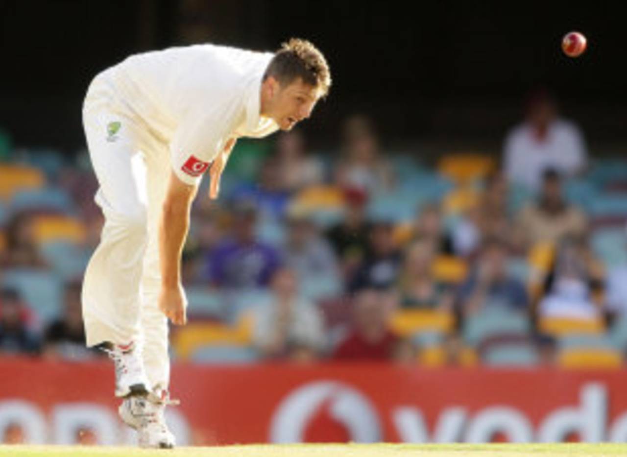 James Pattinson releases the ball, Australia v New Zealand, 1st Test, Brisbane, 3rd day, December 3, 2011