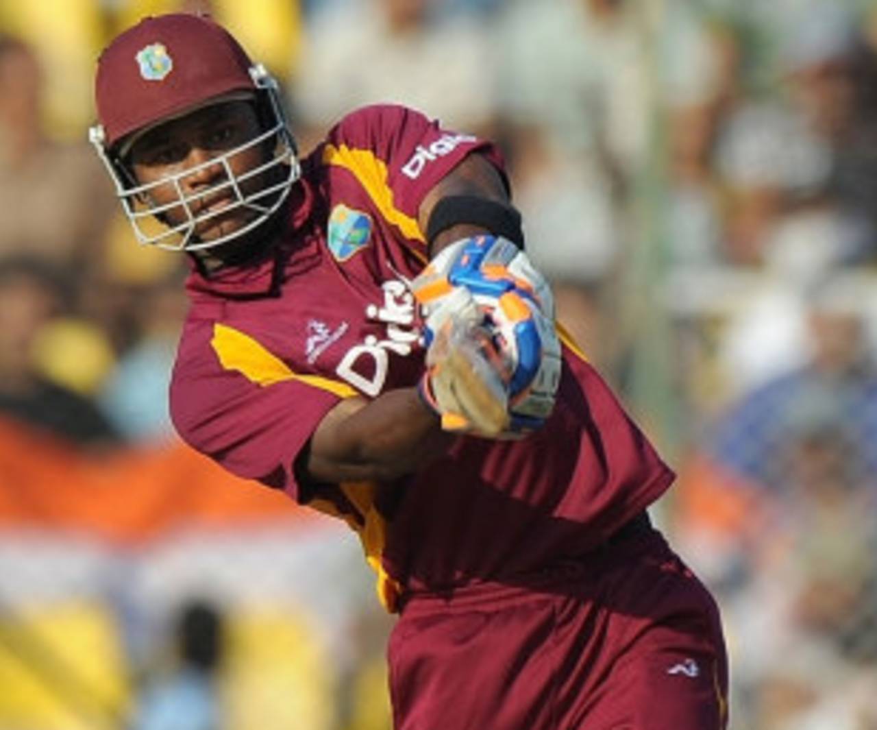 Marlon Samuels hits straight, India v West Indies, 3rd ODI, Ahmedabad, December 5, 2011