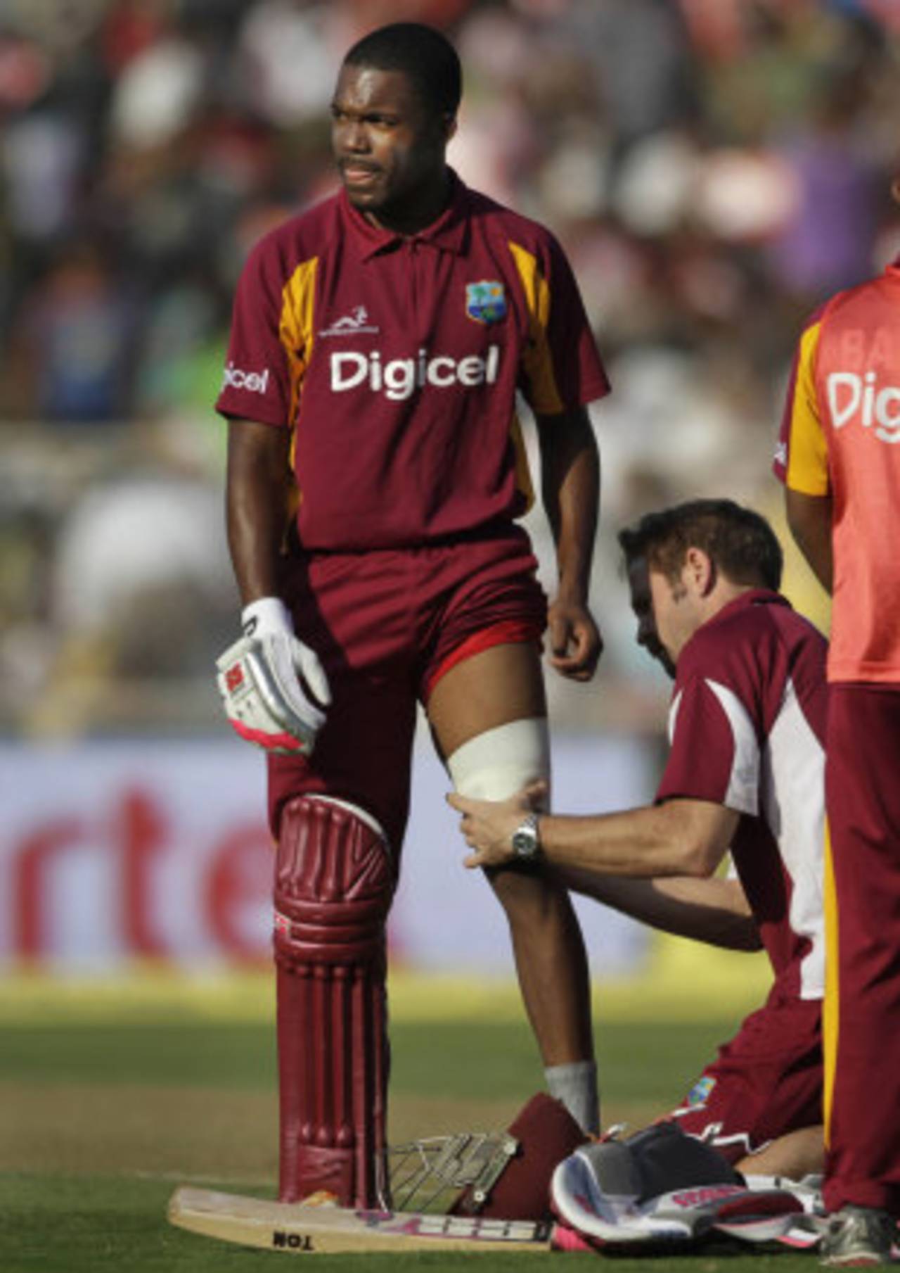 Darren Bravo has treatment on his left hamstring, India v West Indies, 3rd ODI, Ahmedabad, December 5, 2011