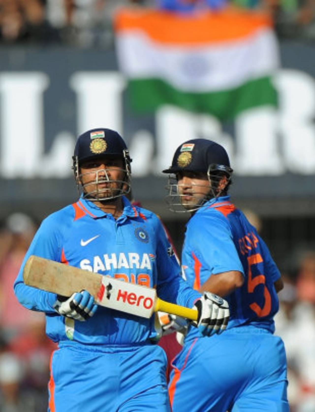 Virender Sehwag and Gautam Gambhir take a run, India v West Indies, 4th ODI, Indore, December 8, 2011