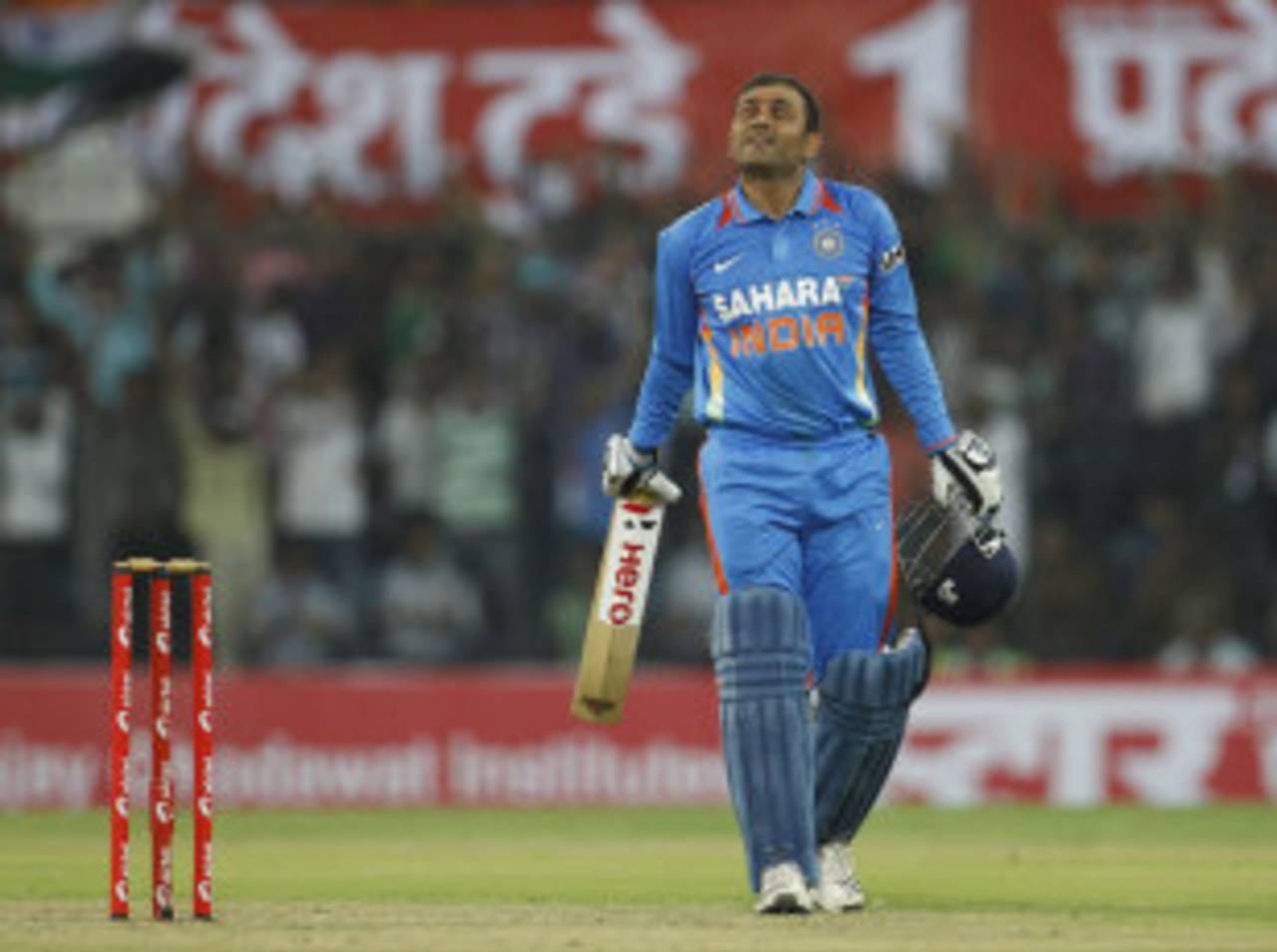 Virender Sehwag reacts after getting to a double-ton, India v West Indies, 4th ODI, Indore, December 8, 2011