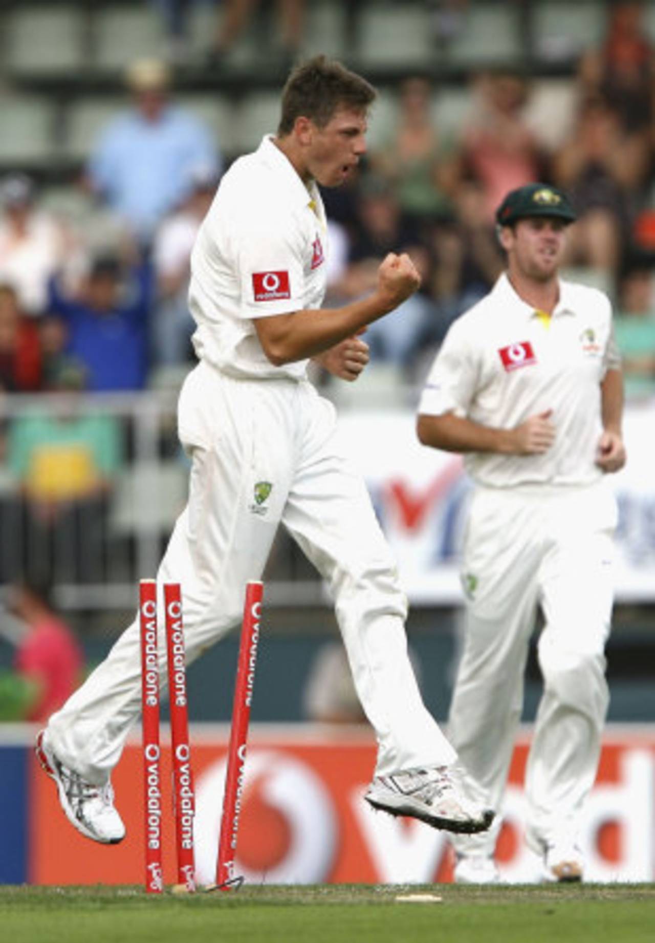 James Pattinson is pumped up after taking a wicket, Australia v New Zealand, second Test, Hobart, day one, December 9 2011