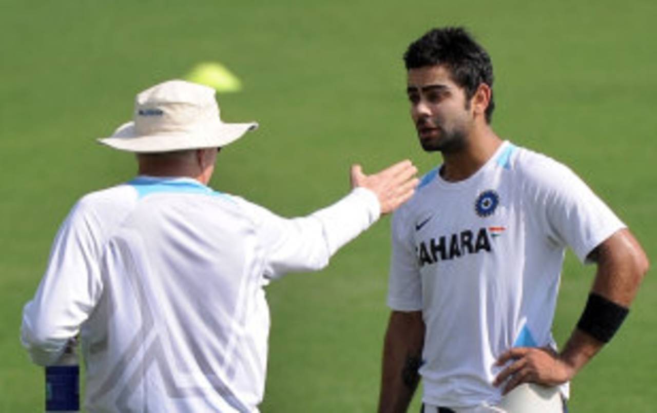 Virat Kohli and Duncan Fletcher chat during practice, Indore, December 7, 2011