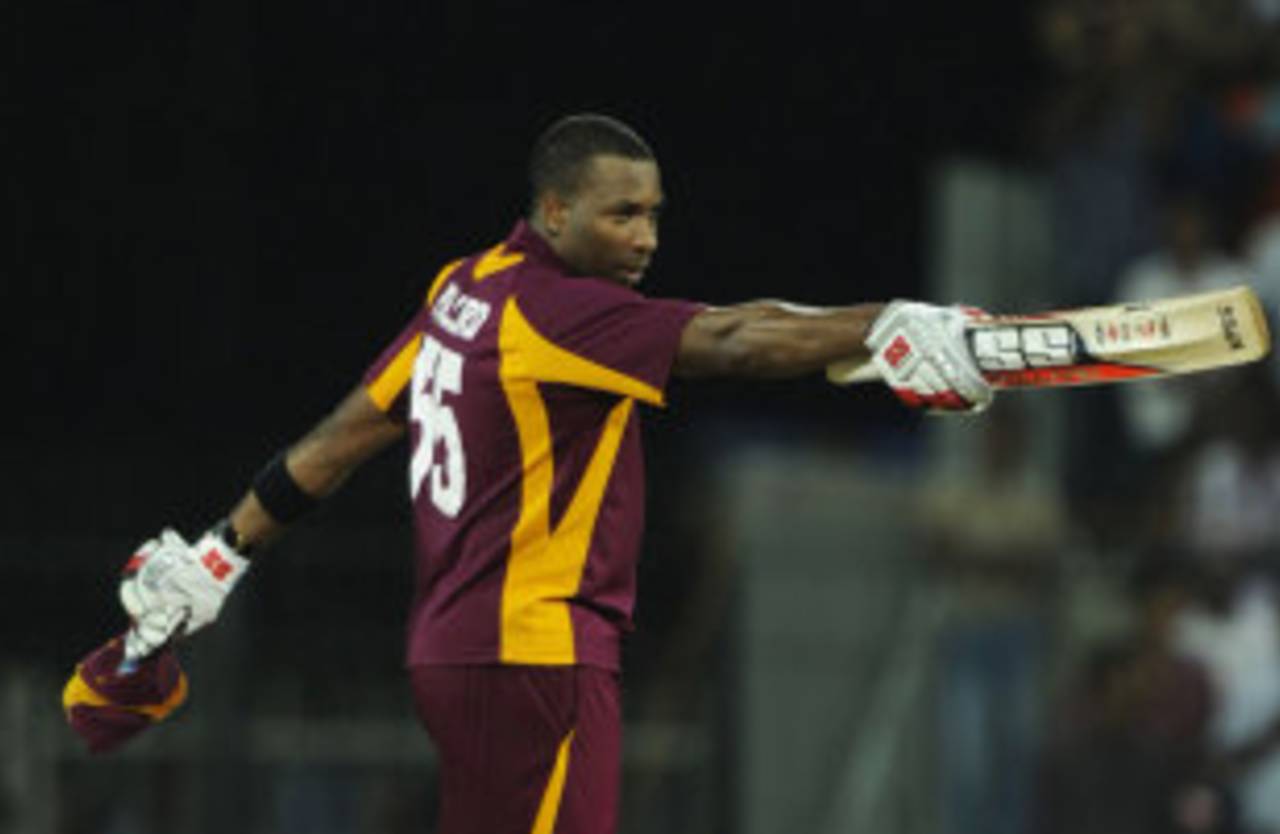 Kieron Pollard celebrates his maiden ODI century, India v West Indies, 5th ODI, Chennai, December 11, 2011
