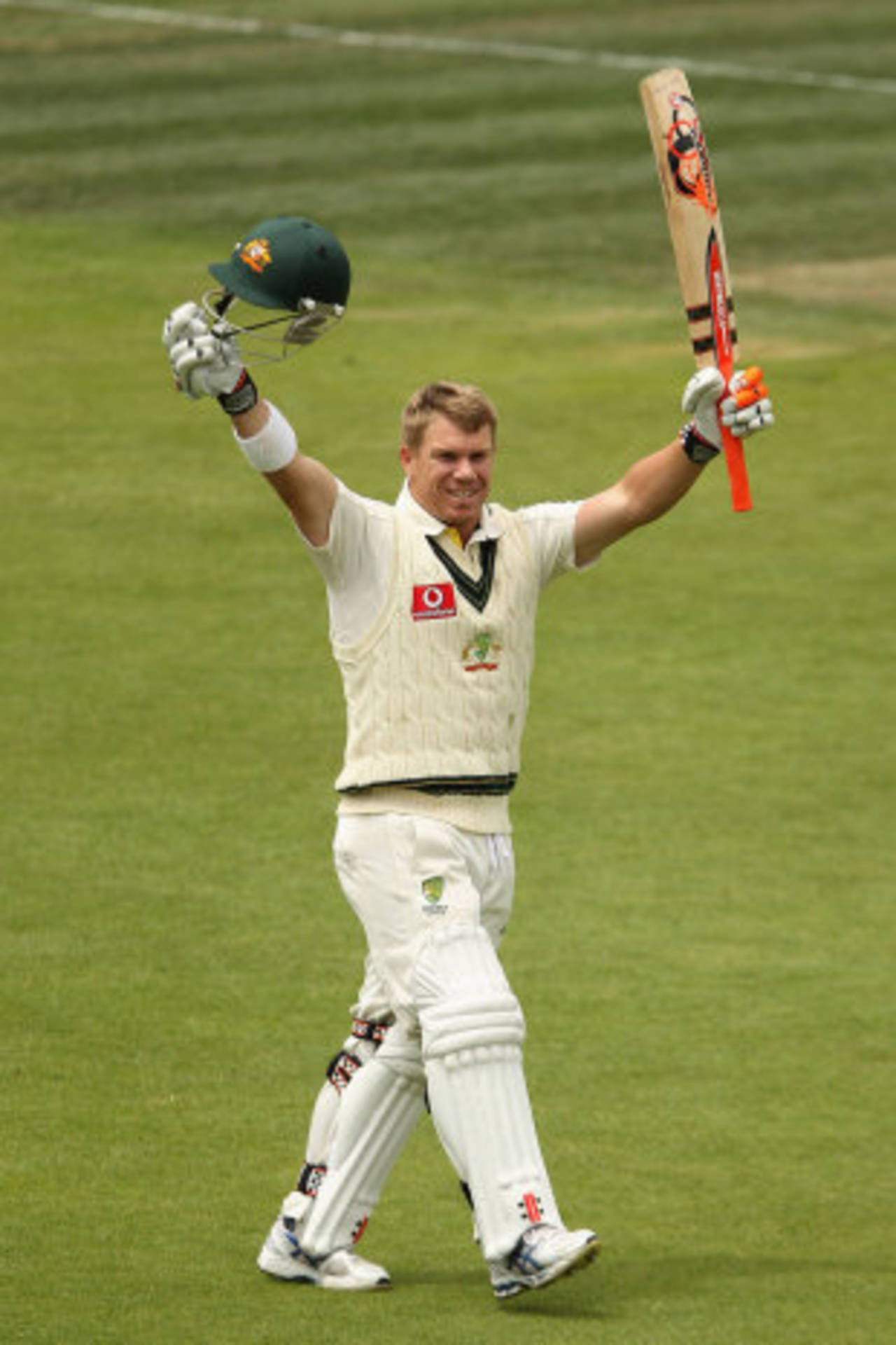 David Warner celebrates his maiden Test ton, Australia v New Zealand, 2nd Test, Hobart, 4th day, December 12 2011