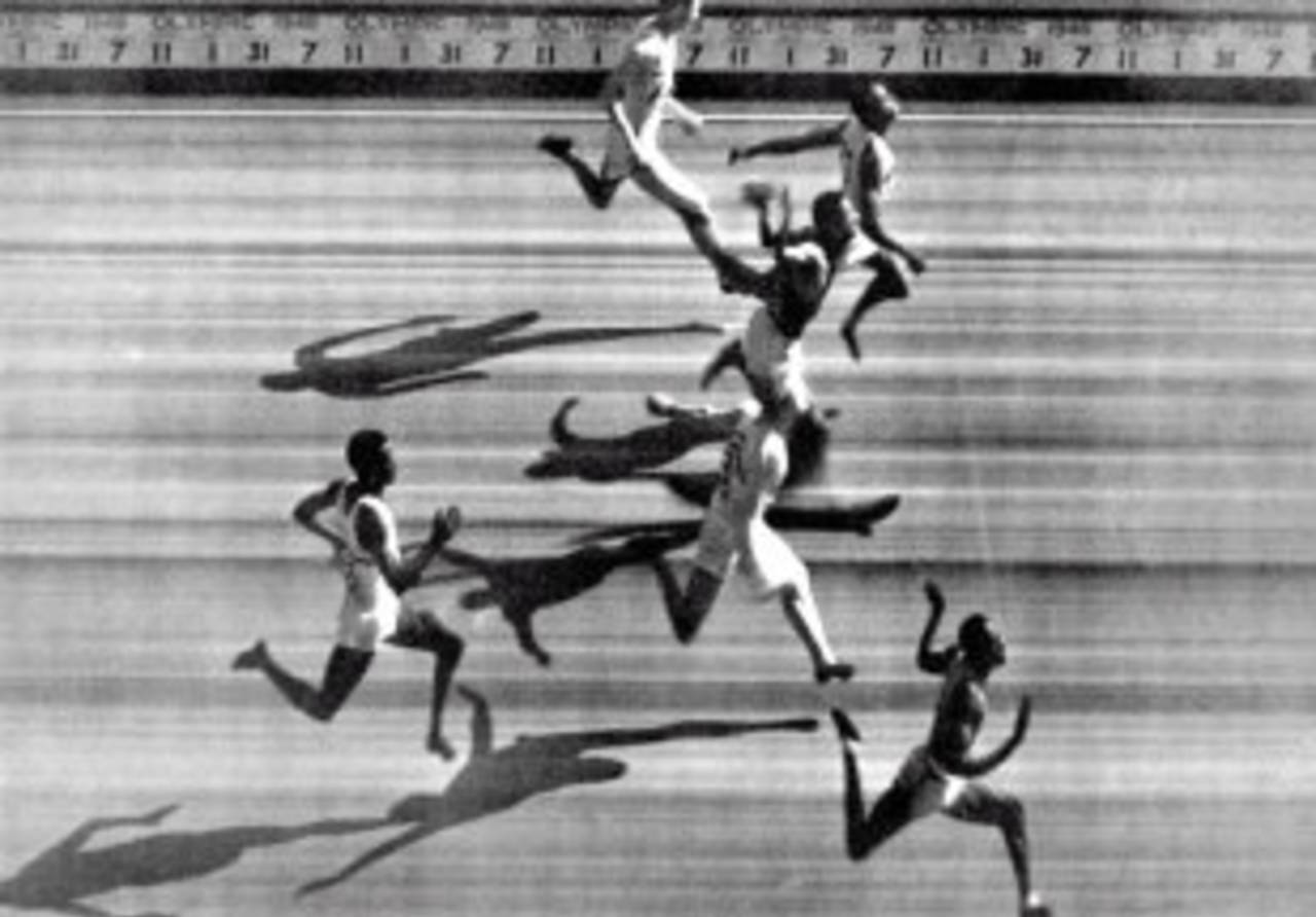 The photo finish for the 1948 London Olympics 100-metres men's final in which Alastair McCorquodale (third from bottom) came fourth, London,. July 31, 1948