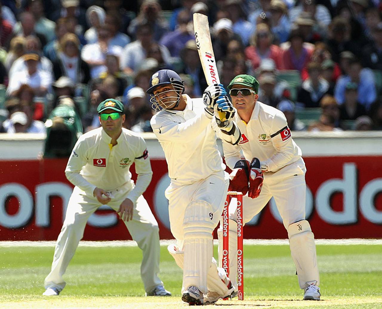 Virender Sehwag lofts one down the ground, Australia v India, 1st Test, Melbourne, 2nd day, December 27, 2011