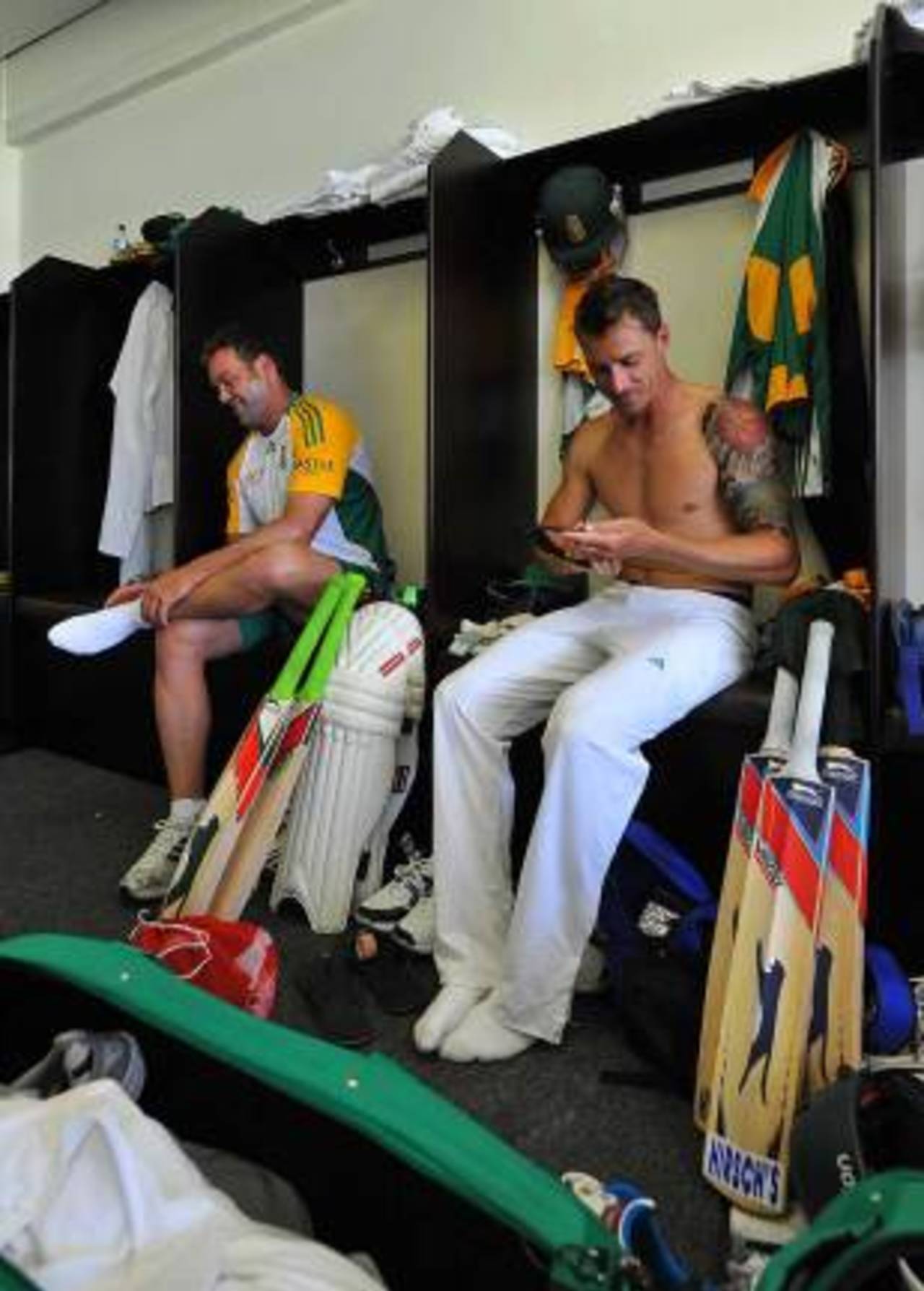 Dale Steyn and Jacques Kallis share a light moment in the dressing room, South Africa v Sri Lanka, 2nd Test, Durban, 4th day, December 29, 2011