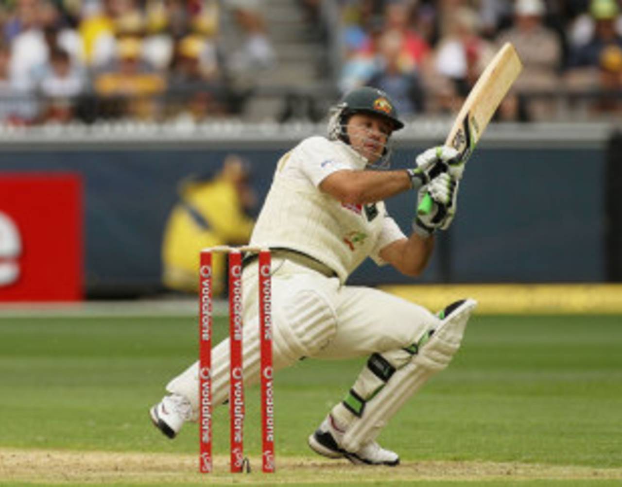 Ricky Ponting loses his balance while pulling for a four, Australia v India, 1st Test, Melbourne, 1st day, December 26, 2011
