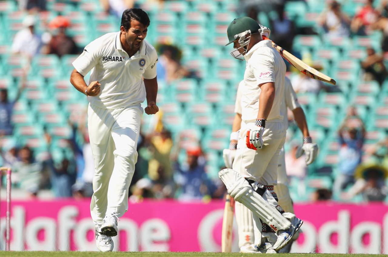 Zaheer Khan is ecstatic after snagging David Warner in the first over, Australia v India, 2nd Test, Sydney, 1st day, January 3, 2012