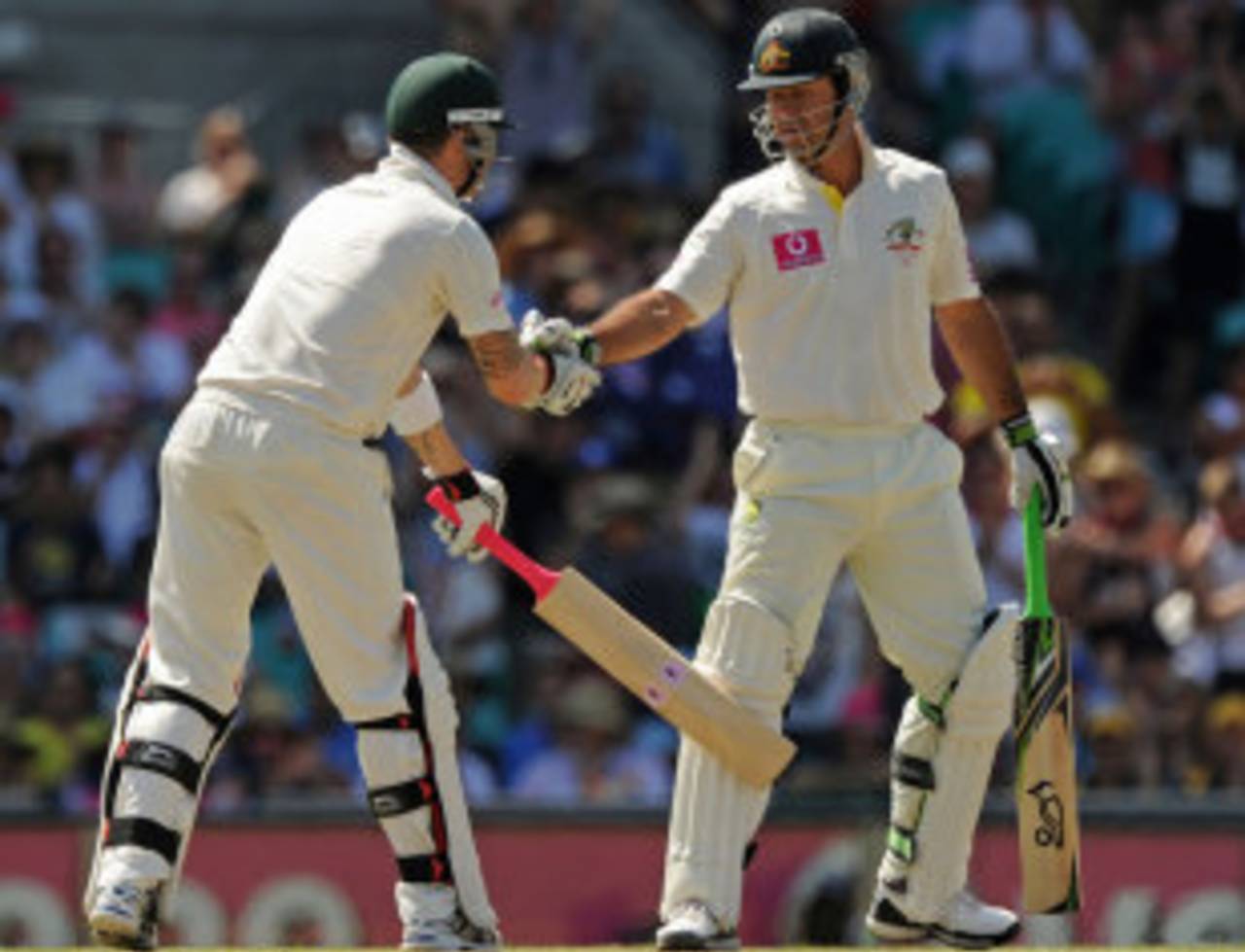Ricky Ponting congratulates Michael Clarke on reaching his half-century, Australia v India, 2nd Test, Sydney, 2nd day, January 4, 2012