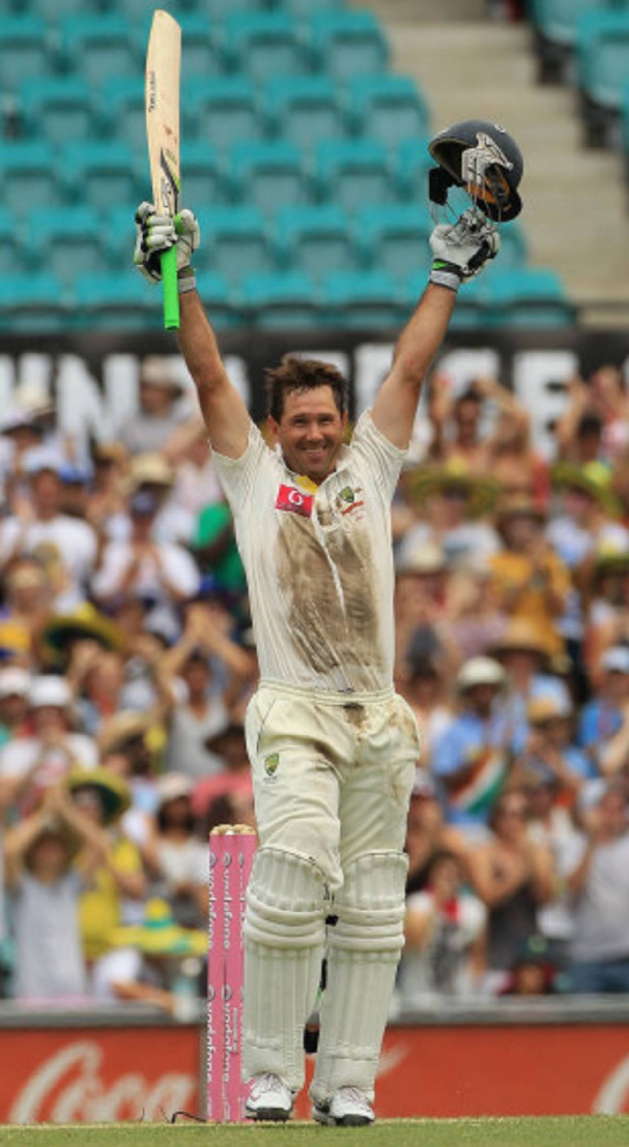 Ricky Ponting stands arms aloft after completing his 40th Test hundred, Australia v India, 2nd Test, Sydney, 2nd day, January 4, 2012