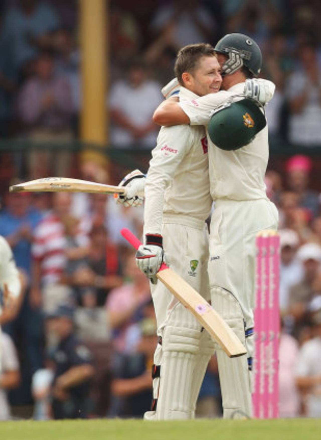 Michael Clarke gets a hug from Michael Hussey after completing his double-ton, Australia v India, 2nd Test, Sydney, 2nd day, January 4, 2012