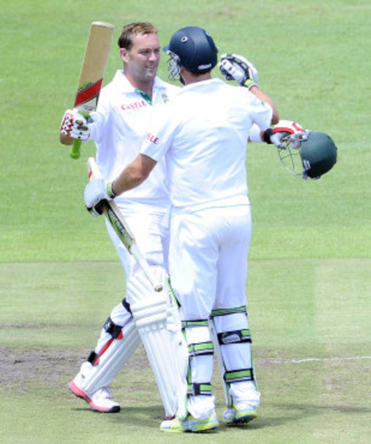 Jacques Kallis celebrates his double-ton with AB de Villiers, South Africa v Sri Lanka, 3rd Test, Cape Town, 2nd day, January 4, 2012