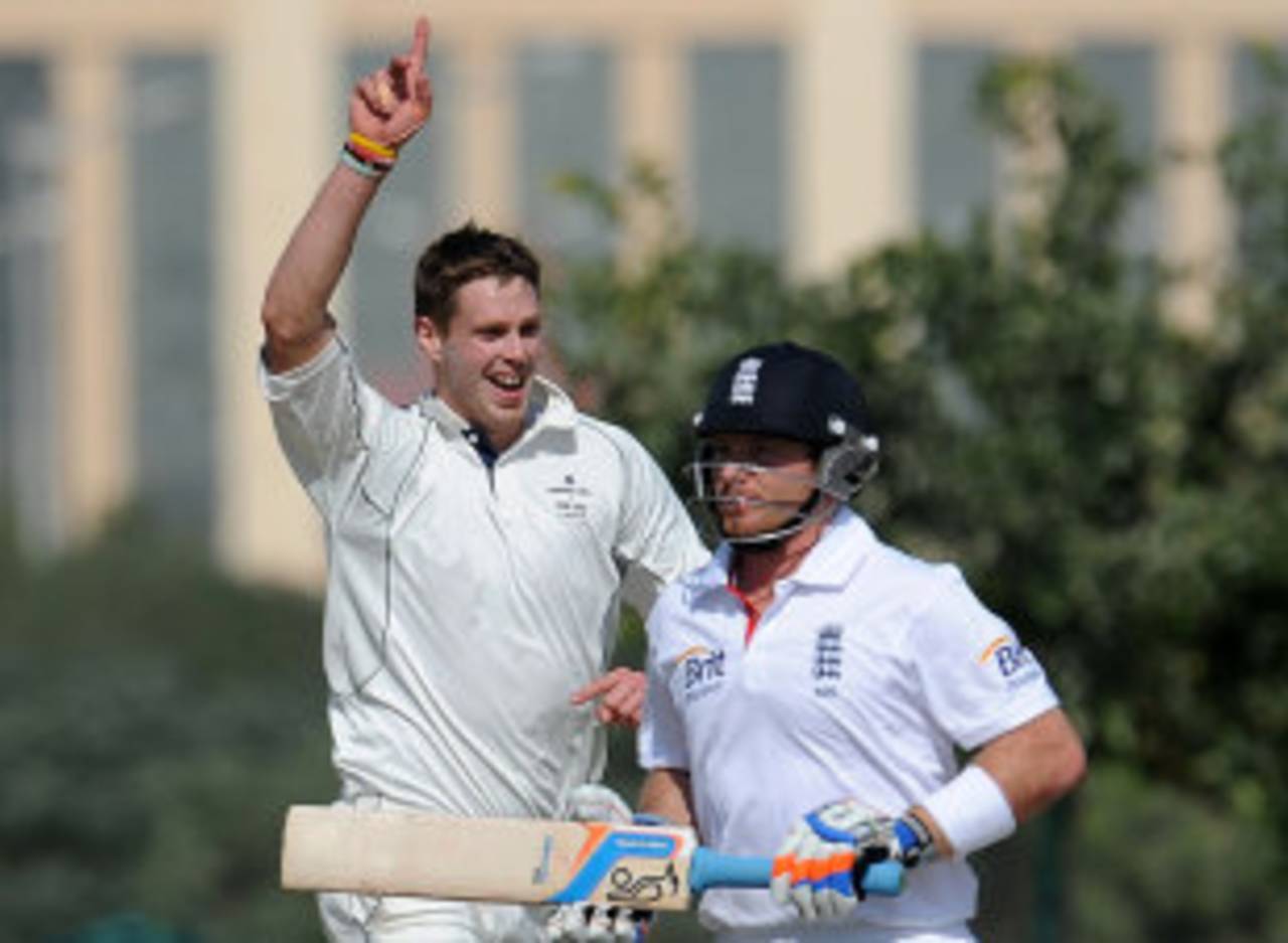 Boyd Rankin removed his Warwickshire team-mate Ian Bell, ICC Combined XI v England XI, Dubai, 2nd day, January 8, 2012