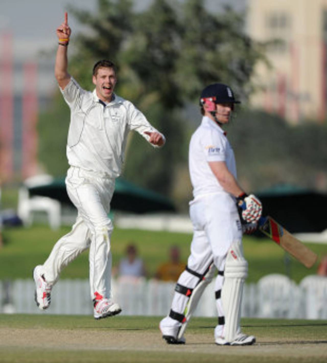 Boyd Rankin had Eoin Morgan caught down the leg side, ICC Combined XI v England XI, Dubai, 3rd day, January 9, 2012