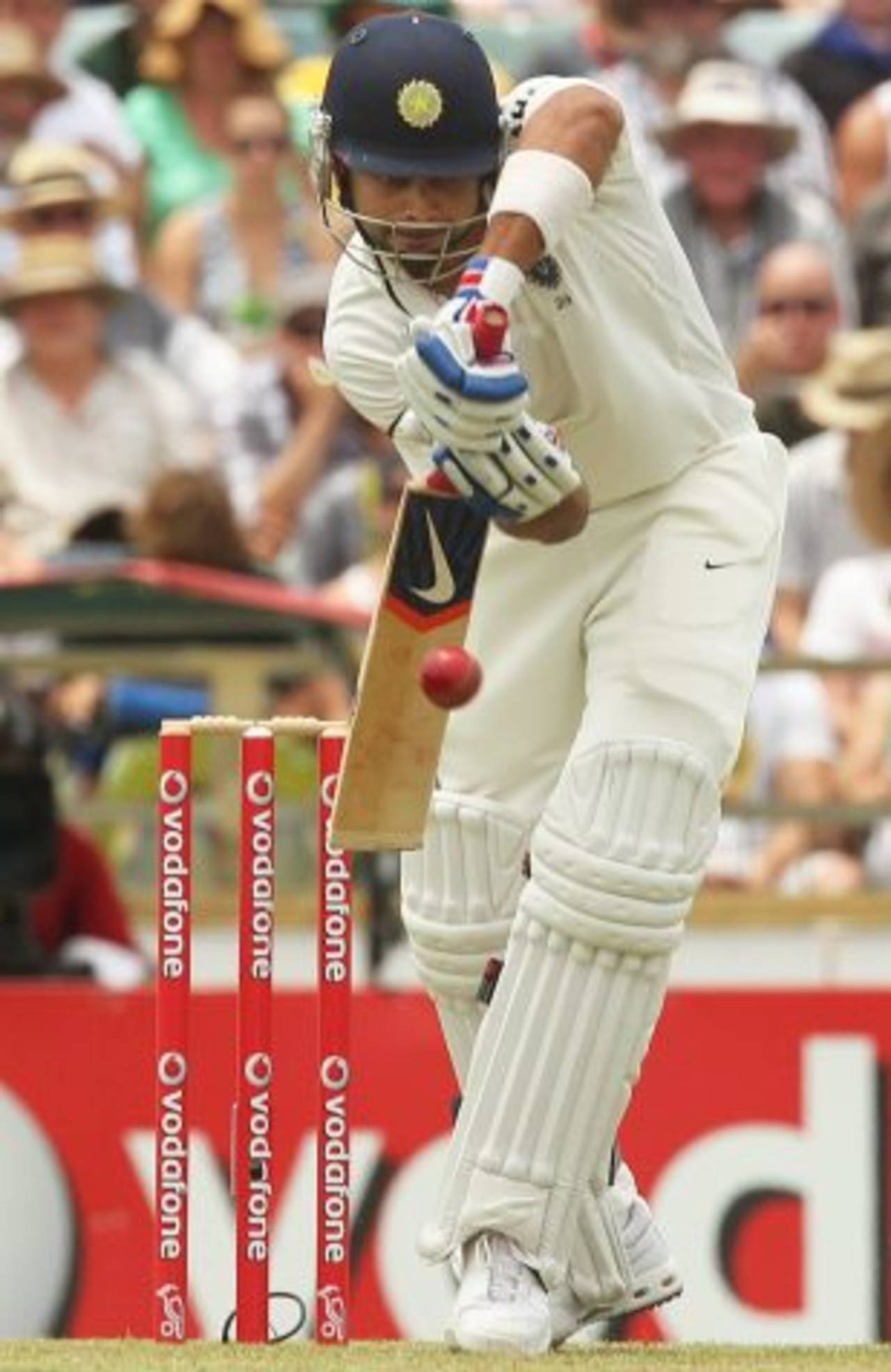 Virat Kohli defends the ball, Australia v India, 3rd Test, Perth, 1st day, January 13, 2012