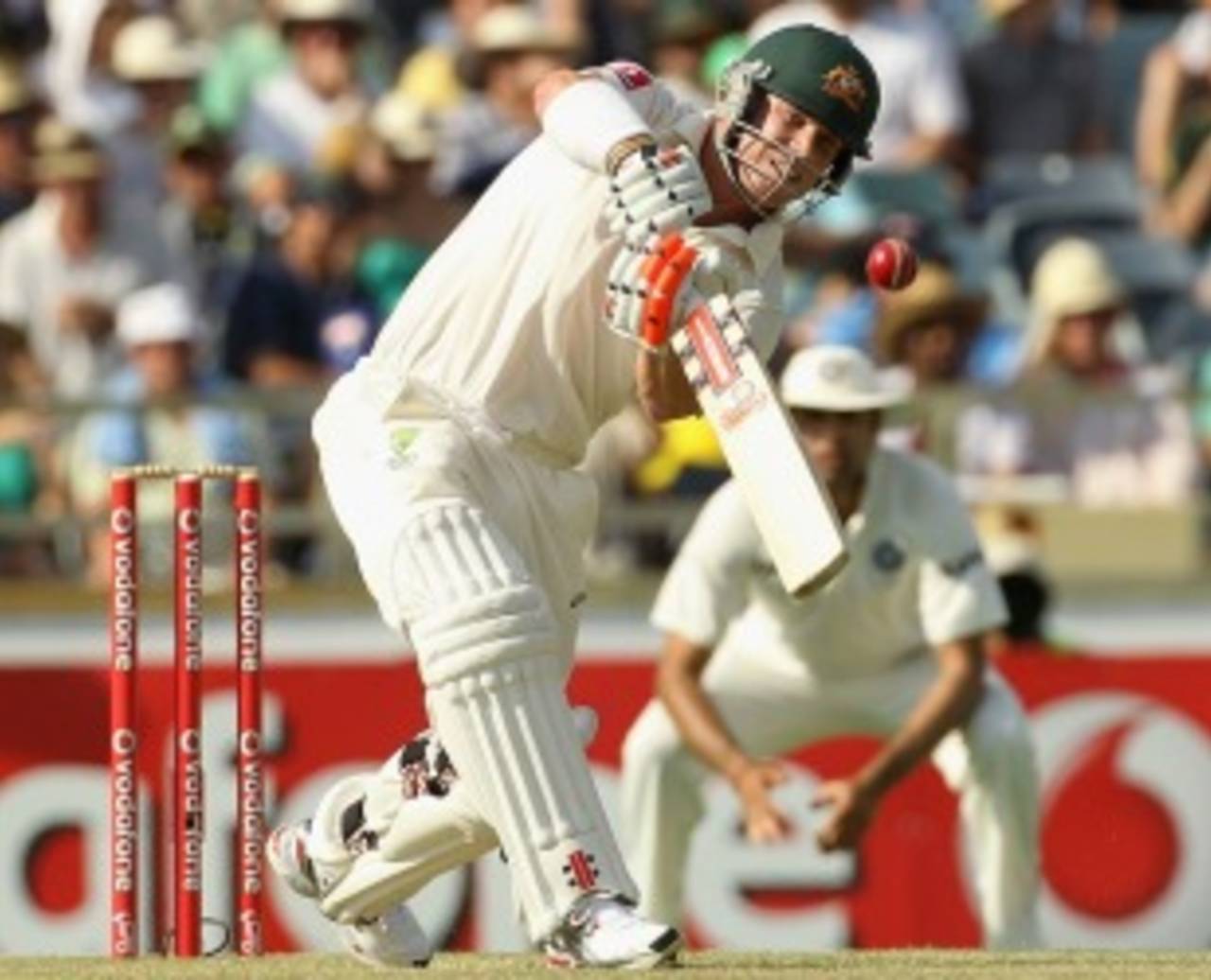 David Warner hits over the top, Australia v India, 3rd Test, Perth, 1st day, January 13, 2012