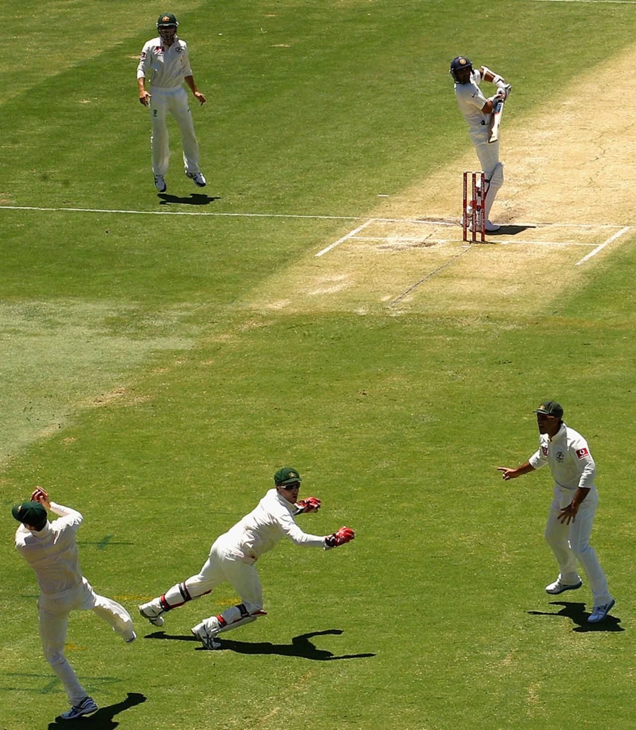 Zaheer Khan fends one to Michael Clarke at first slip, Australia v India, 3rd Test, Perth, 3rd day, January 15, 2012