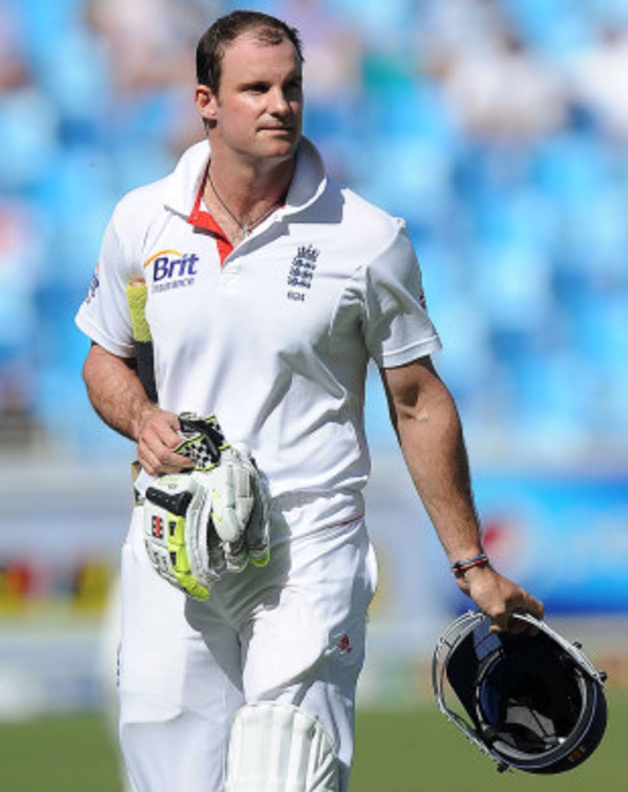 A disappointed Andrew Strauss walks back after his dismissal was upheld by the DRS, Pakistan v England, 1st Test, Dubai, 3rd day, January 19, 2012