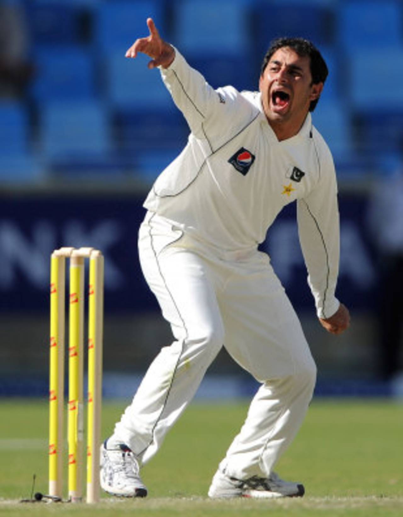 Saeed Ajmal appeals for a wicket, Pakistan v England, 1st Test, Dubai, 3rd day, January 19, 2012