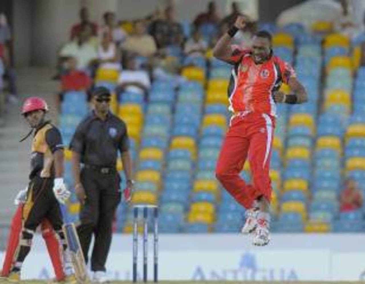 Dwayne Bravo celebrates one of his three wickets, Canada v Trinidad and Tobago, Caribbean T20 2011-12, Group A match, Barbados, January 19, 2012
