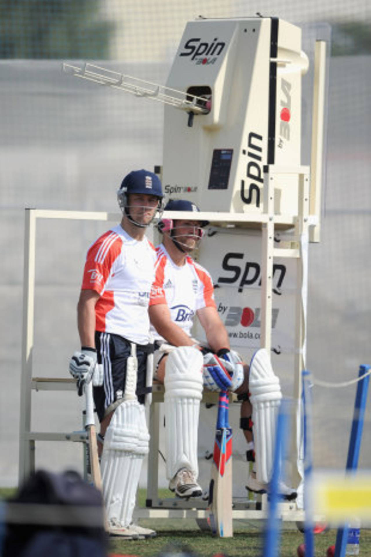 Jonathan Trott and Matt Prior faced the bowling machine Merlyn in the nets, Dubai, January, 21, 2012