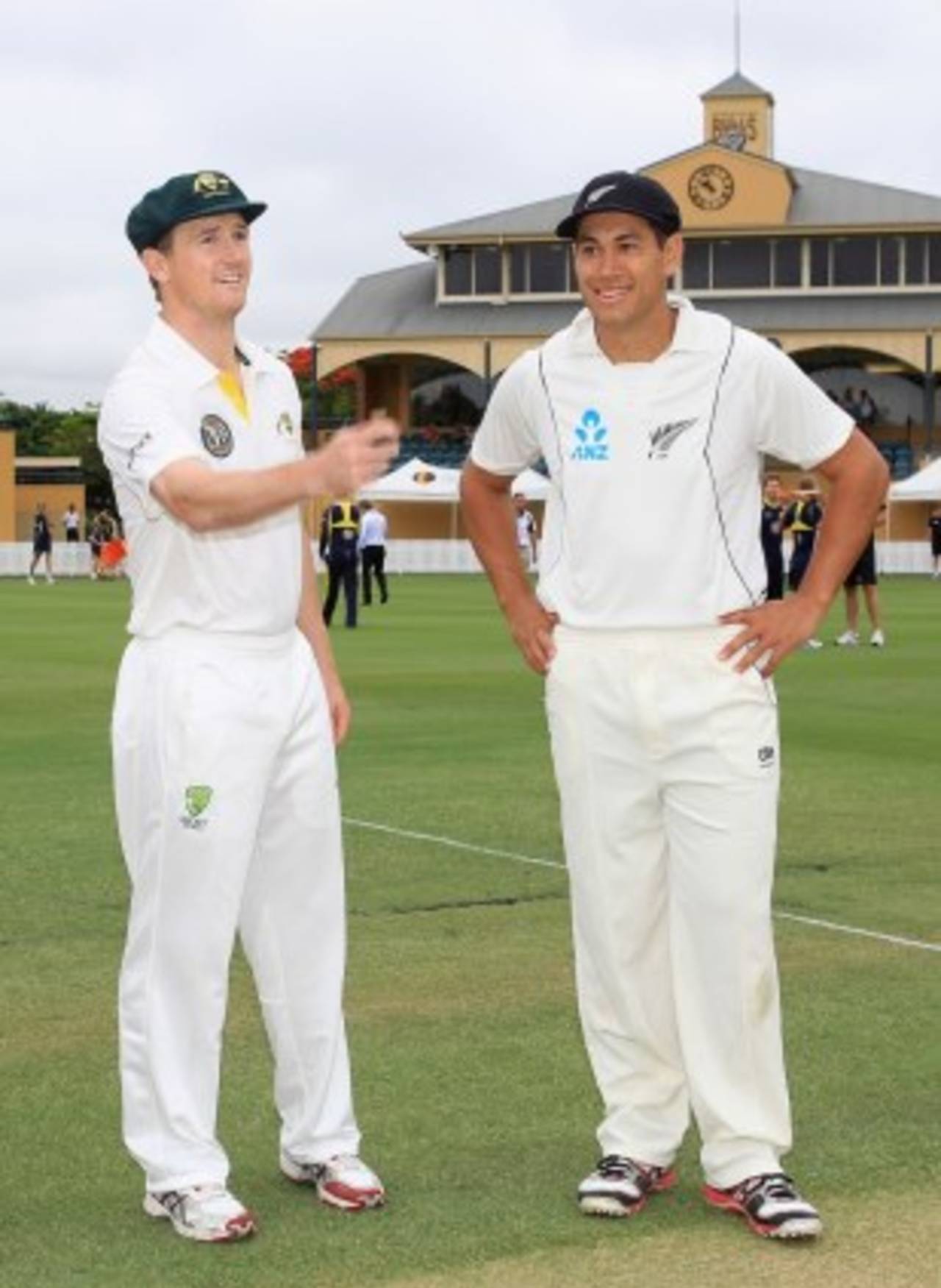 George Bailey (left) tosses the coin with Ross Taylor, Australia A v New Zealanders, Brisbane, November 24, 2011