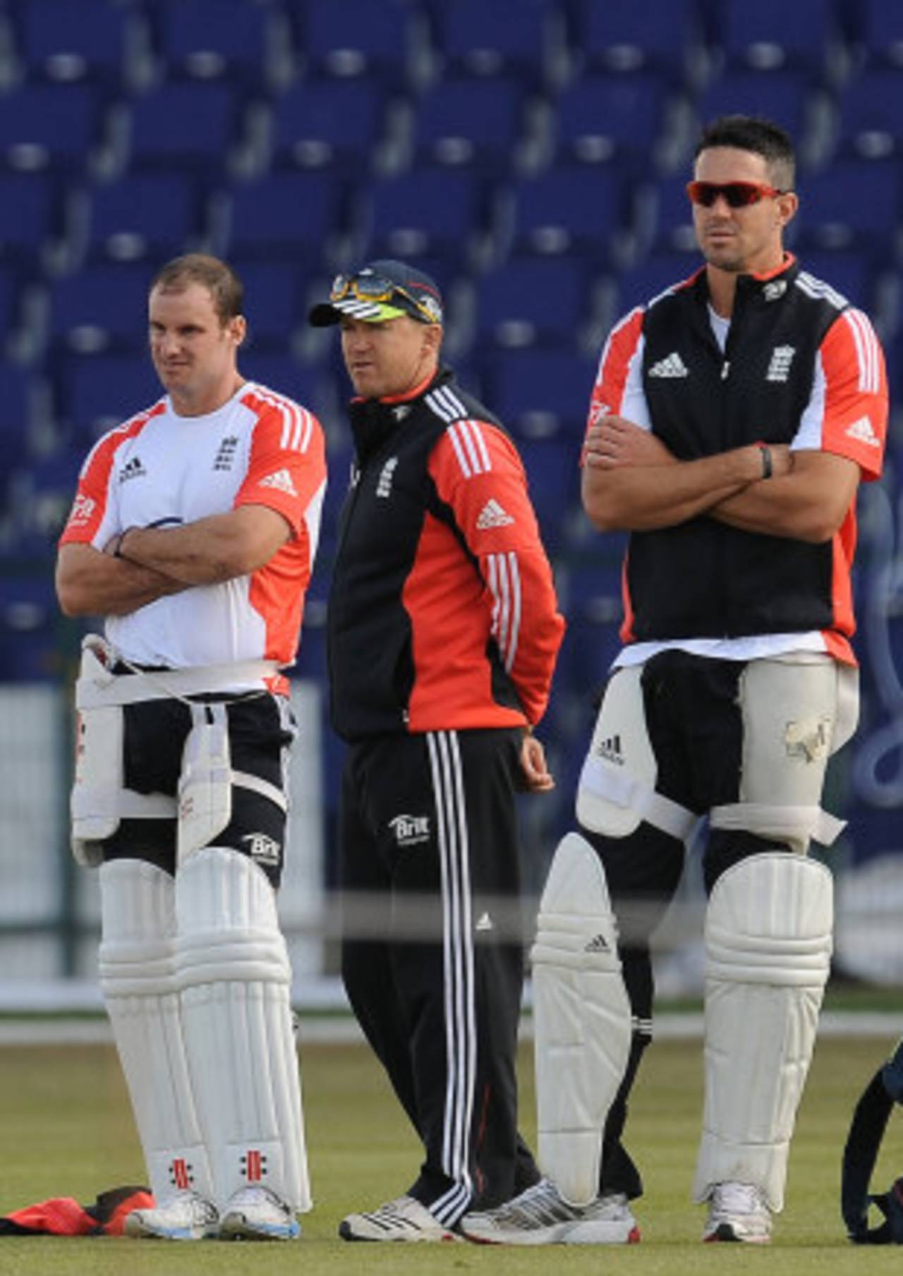 Andrew Strauss, Andy Flower and Kevin Pietersen observe England's net session, Abu Dhabi, January, 24, 2012