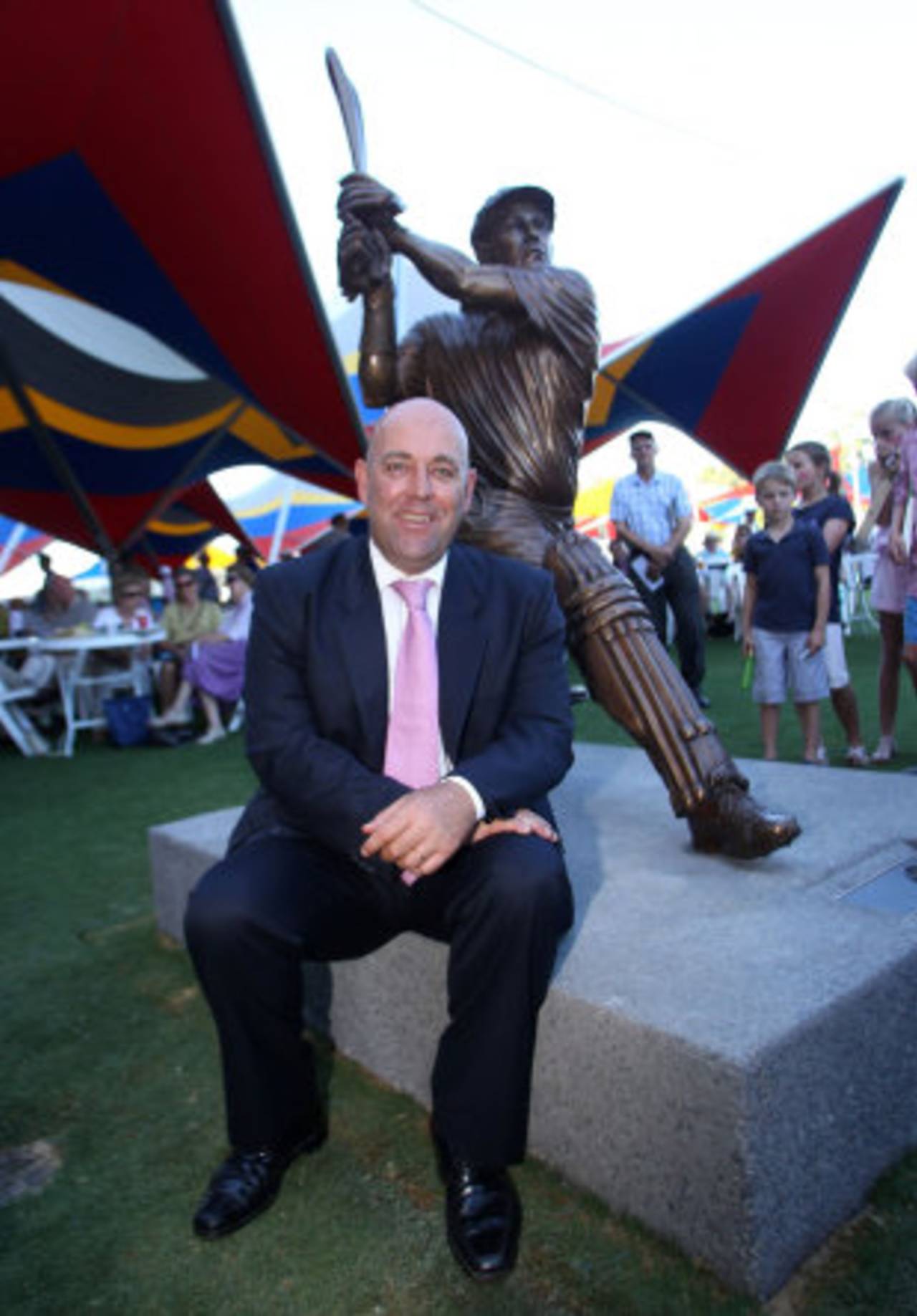 Darren Lehmann sits in front of a statue of himself which was unveiled before the second day's play, Australia v India, 4th Test, Adelaide, 2nd day, January 25, 2012