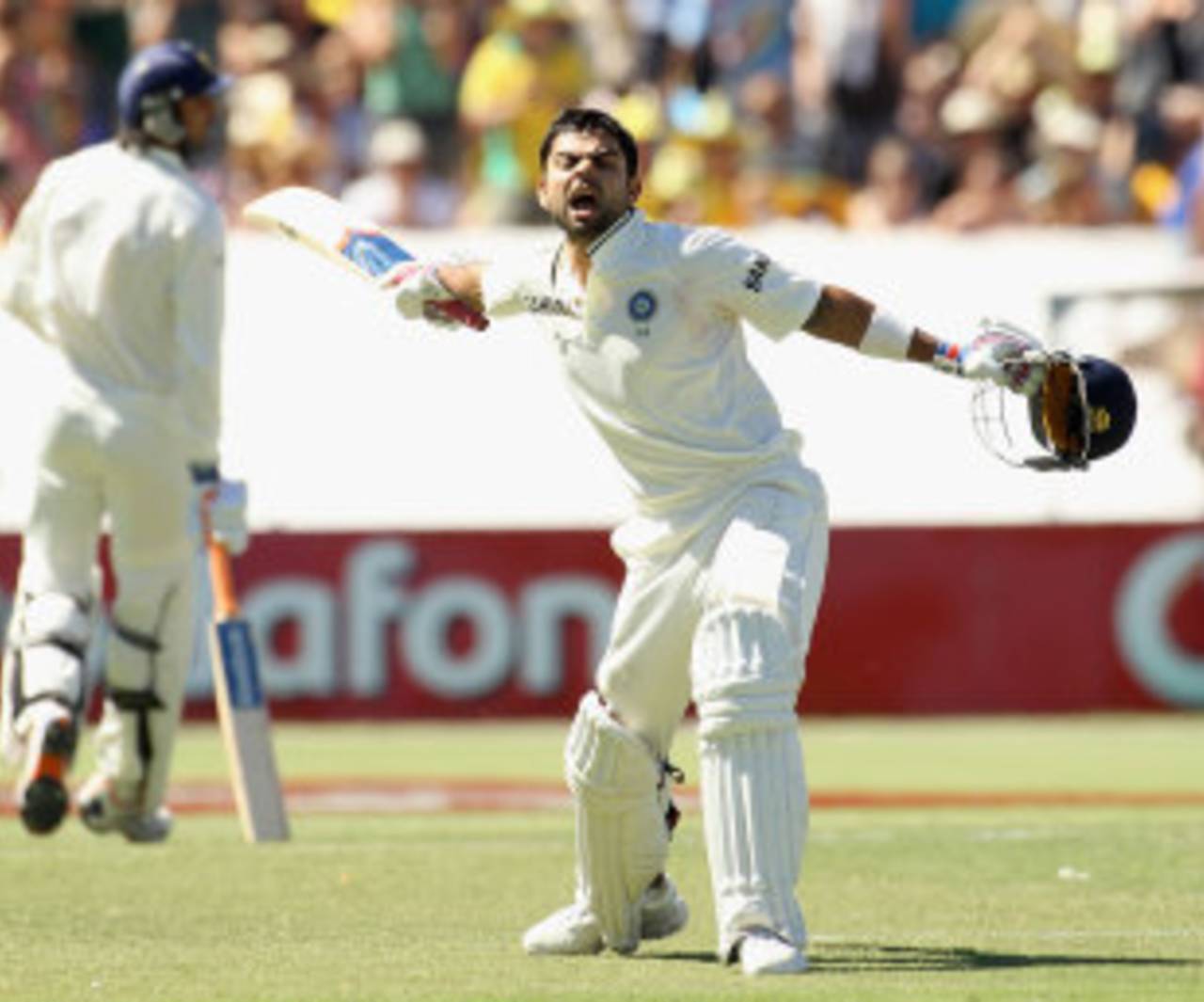 Virat Kohli is pumped up after getting to his maiden Test ton, Australia v India, 4th Test, Adelaide, 3rd day, January 26, 2012