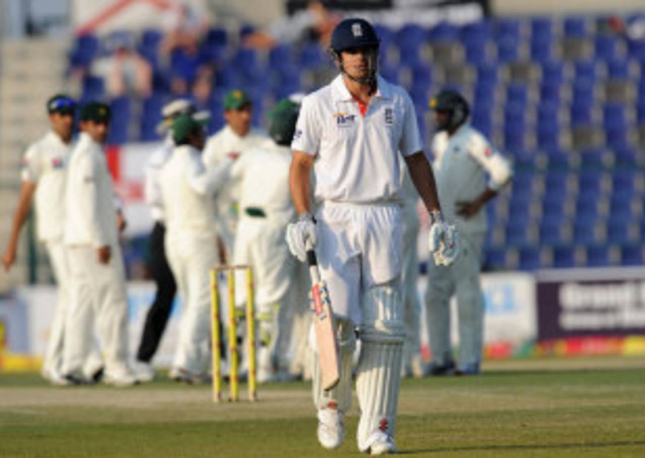 Alastair Cook made 94 before falling to Saeed Ajmal, Pakistan v England, 2nd Test, Abu Dhabi, 2nd day, January 26, 2012