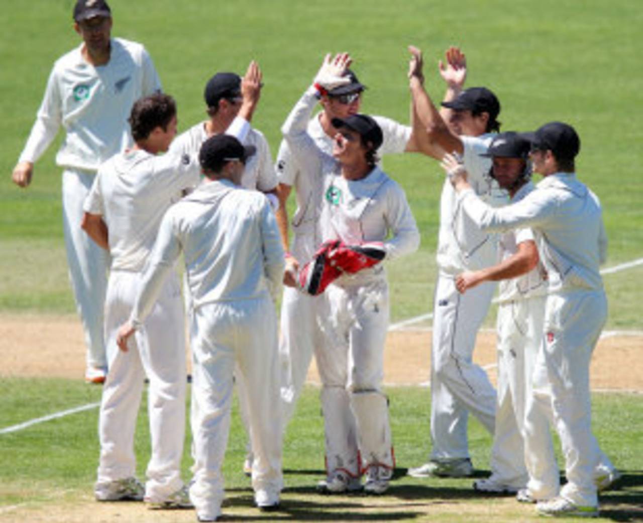 New Zealand celebrate a Zimbabwe wicket, New Zealand v Zimbabwe, Only Test, Napier, 3rd day, January 28, 2012