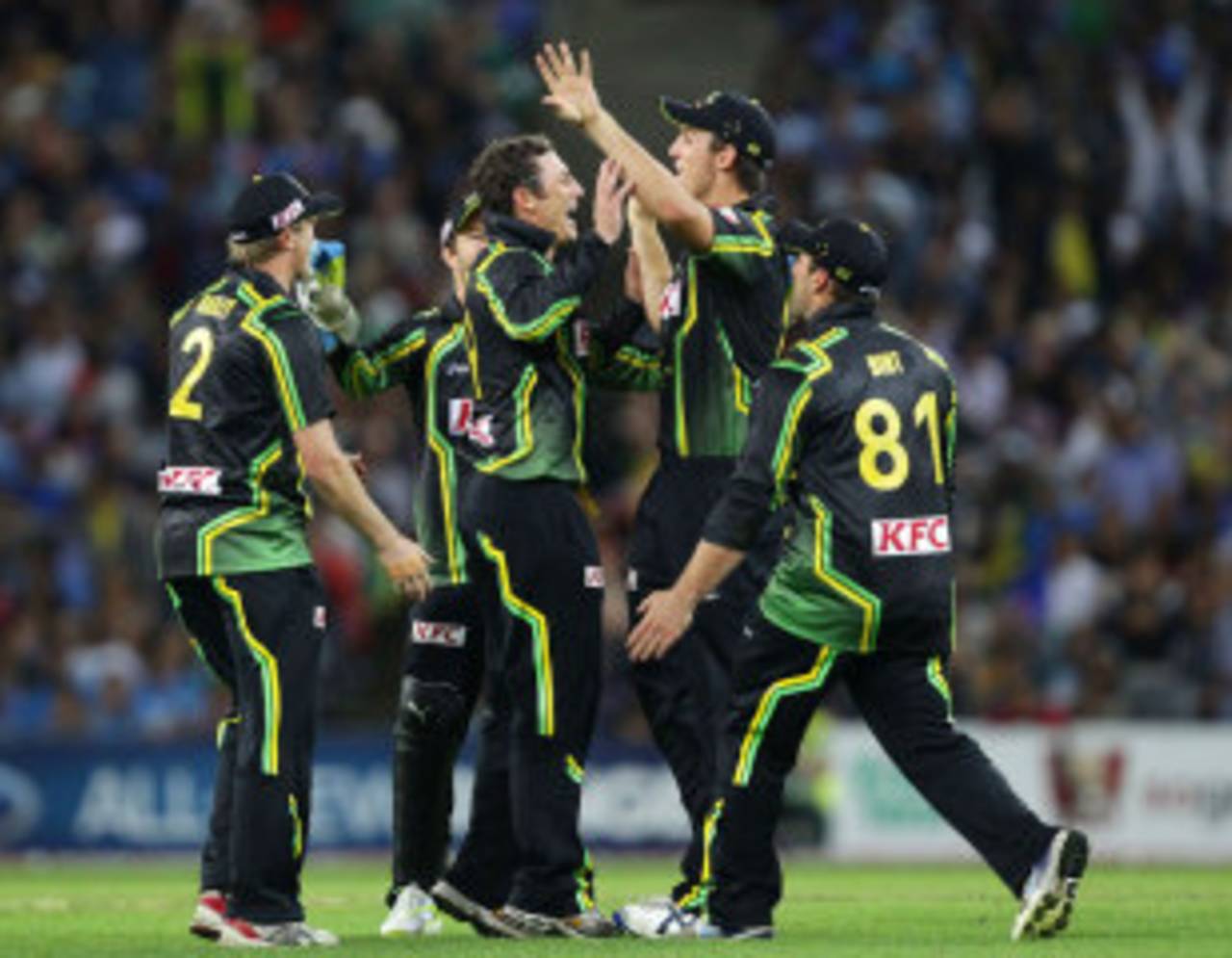 Australia celebrate one of David Hussey's wickets, Australia v India, 1st Twenty20, Stadium Australia, Sydney, February 1, 2012