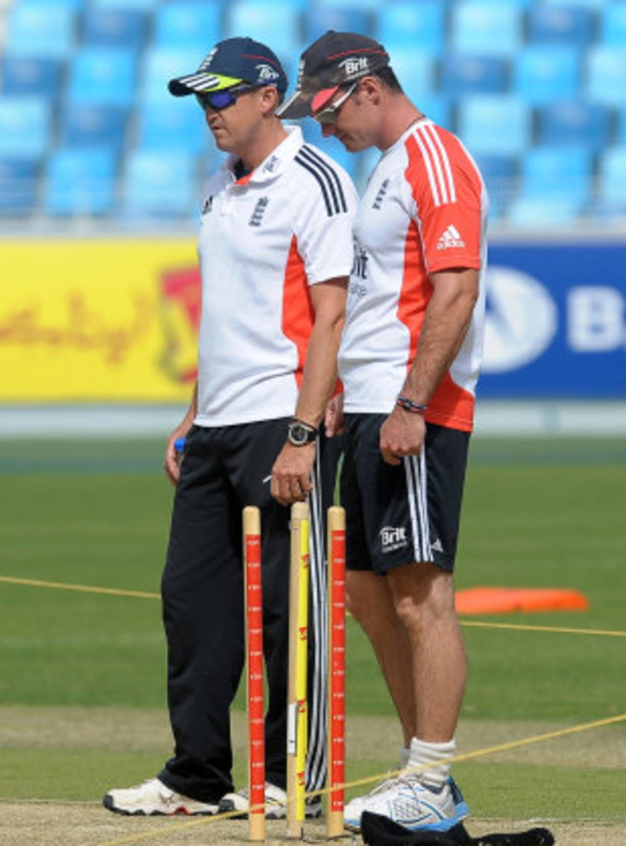 Andy Flower and Andrew Strauss assess the pitch ahead of the third Test, Dubai, February, 2, 2012