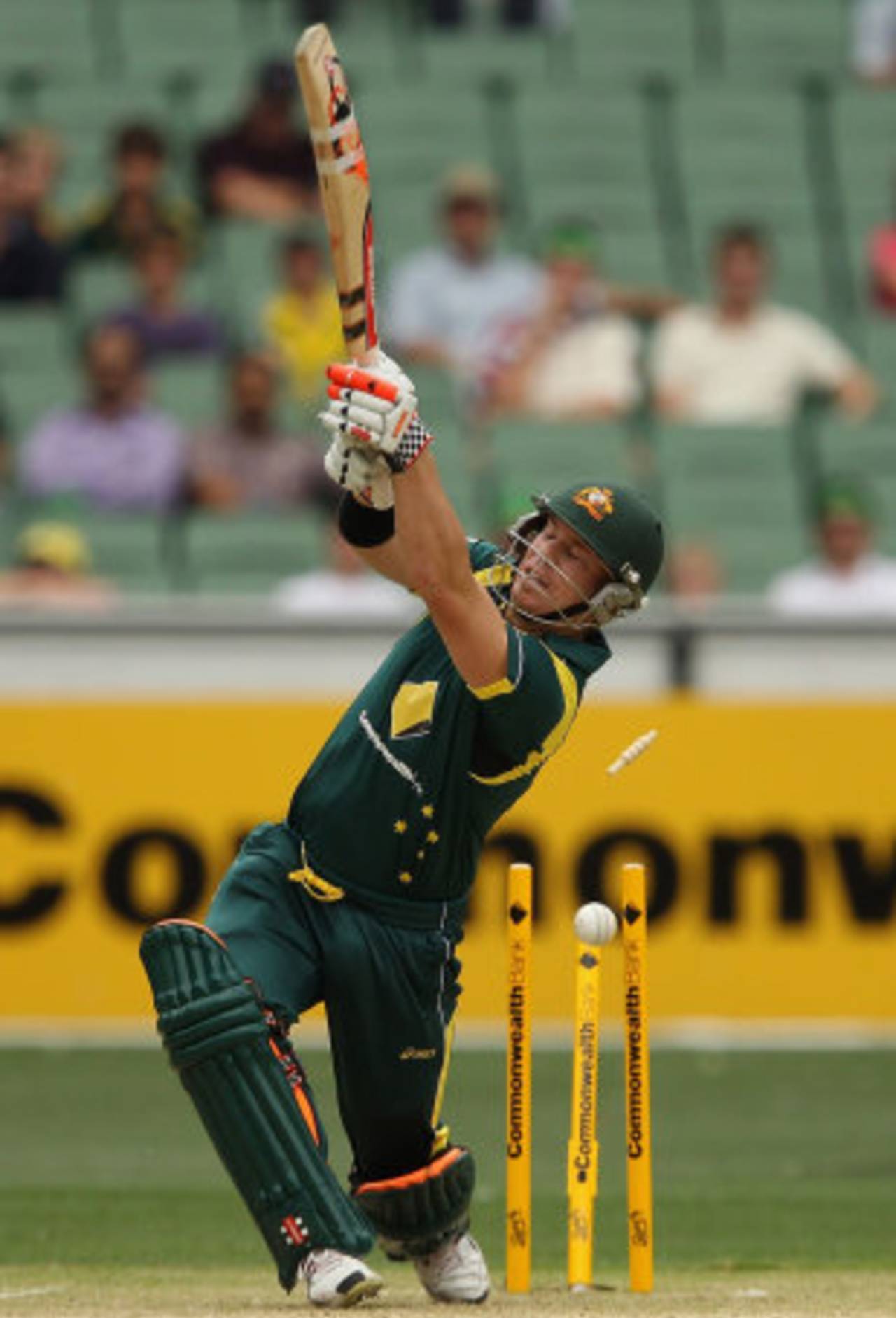 David Warner loses his middle stump, Australia v India, Commonwealth Bank Series, 1st ODI, Melbourne, February 5, 2012