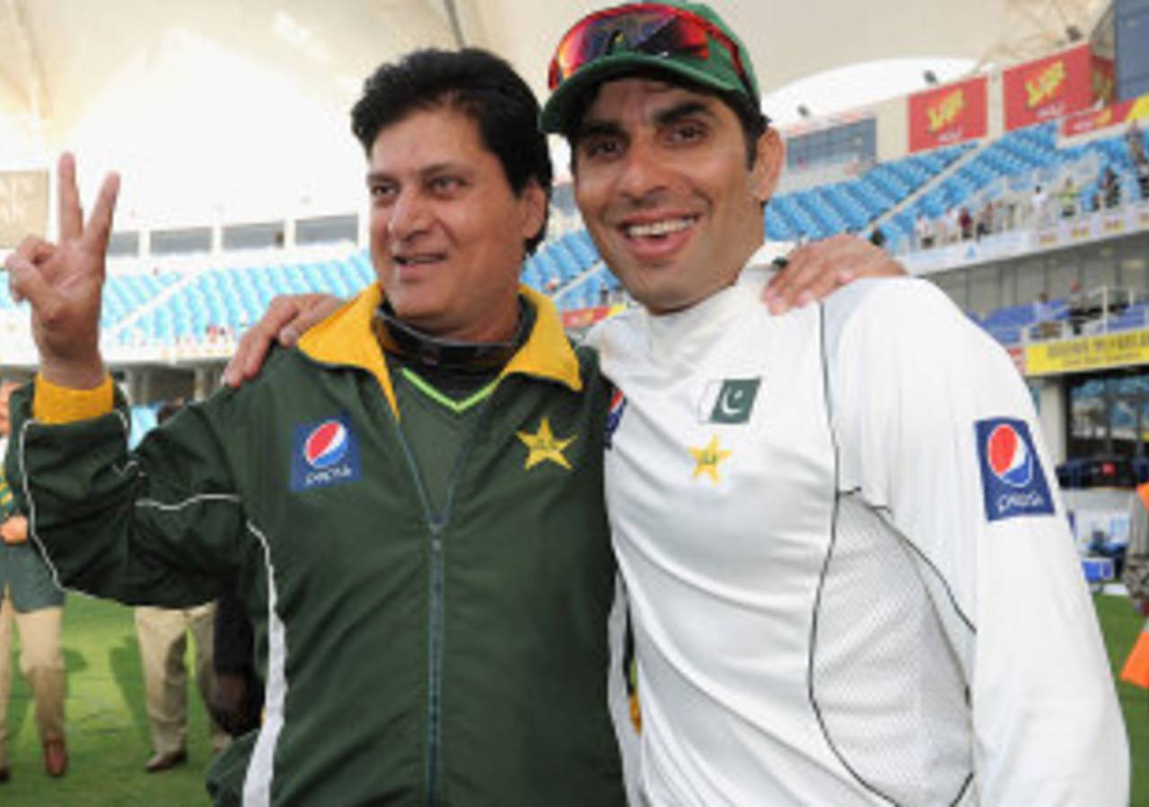 Misbah-ul-Haq with coach Mohsin Khan after Pakistan's series win, Pakistan v England, 3rd Test, Dubai, 4th day, February 6, 2012 