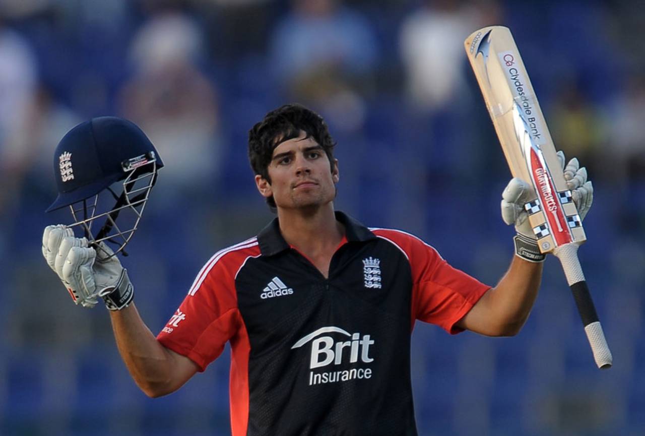 Alastair Cook celebrates one of his hundreds against Pakistan in 2012, during his peak as a one-day batsman&nbsp;&nbsp;&bull;&nbsp;&nbsp;AFP