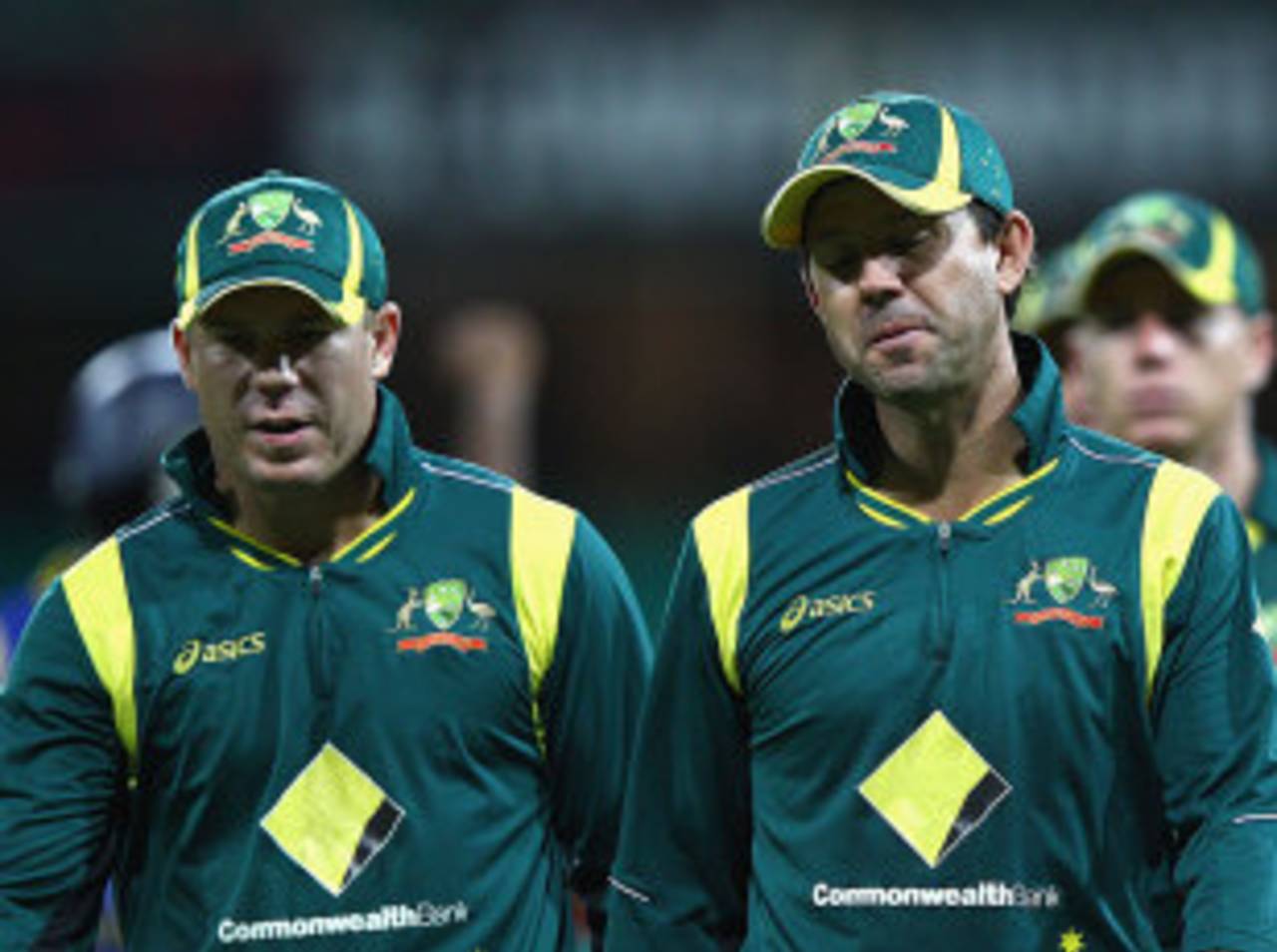 David Warner and Ricky Ponting trudge off after the defeat, Australia v Sri Lanka, CB Series, Sydney, February 17, 2012