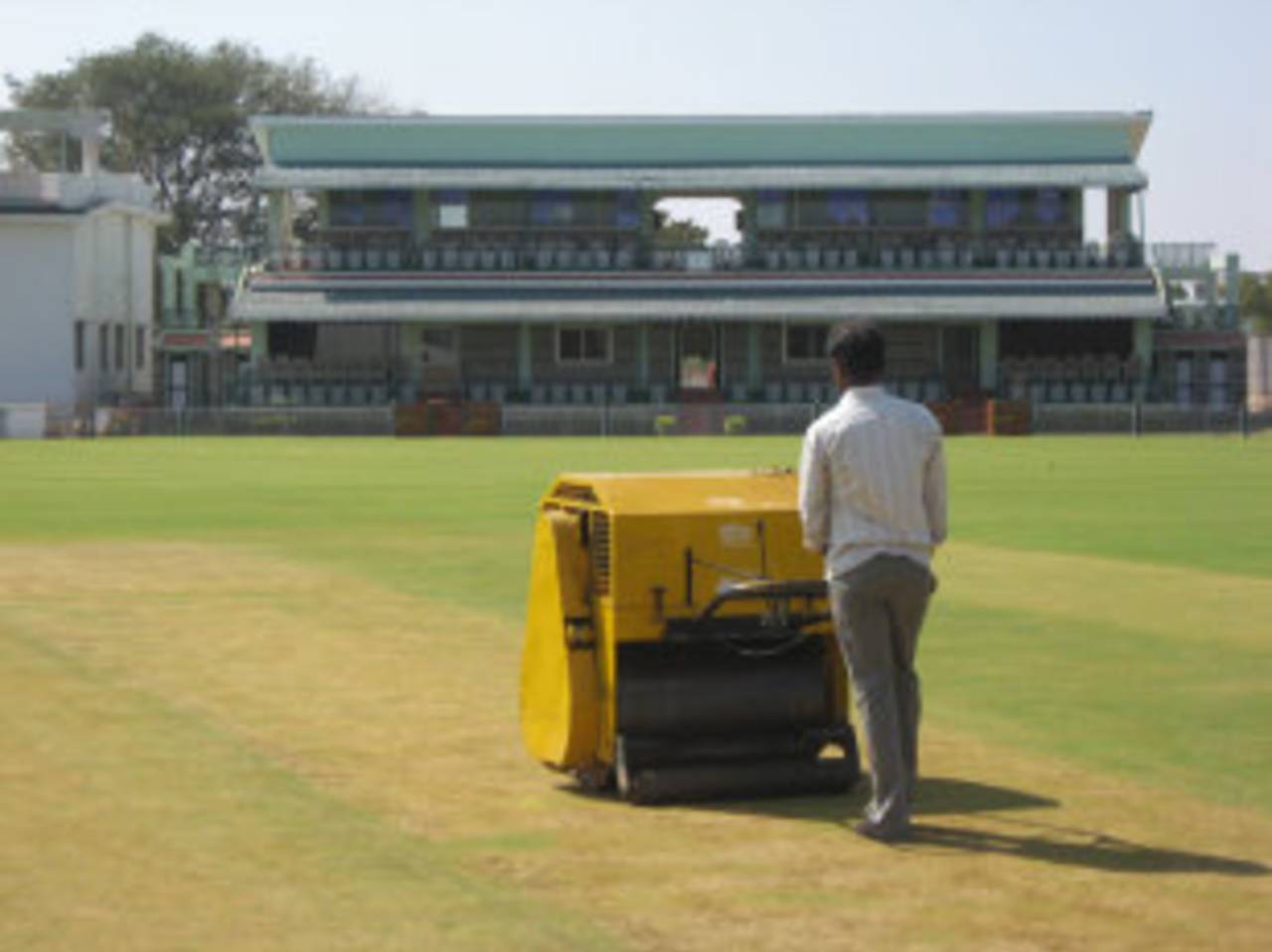 The pitch being rolled at the Rural Development Trust Stadium, Anantapur, January 28, 2012