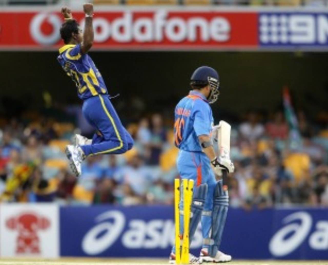 Nuwan Kulasekara celebrates Sachin Tendulkar's wicket, India v Sri Lanka, CB Series, Brisbane, February 21, 2012