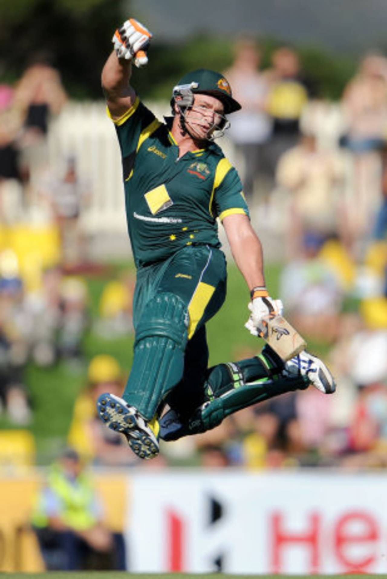 Peter Forrest jumps for joy on reaching his hundred, Australia v Sri Lanka, CB Series, Hobart, February 24, 2012
