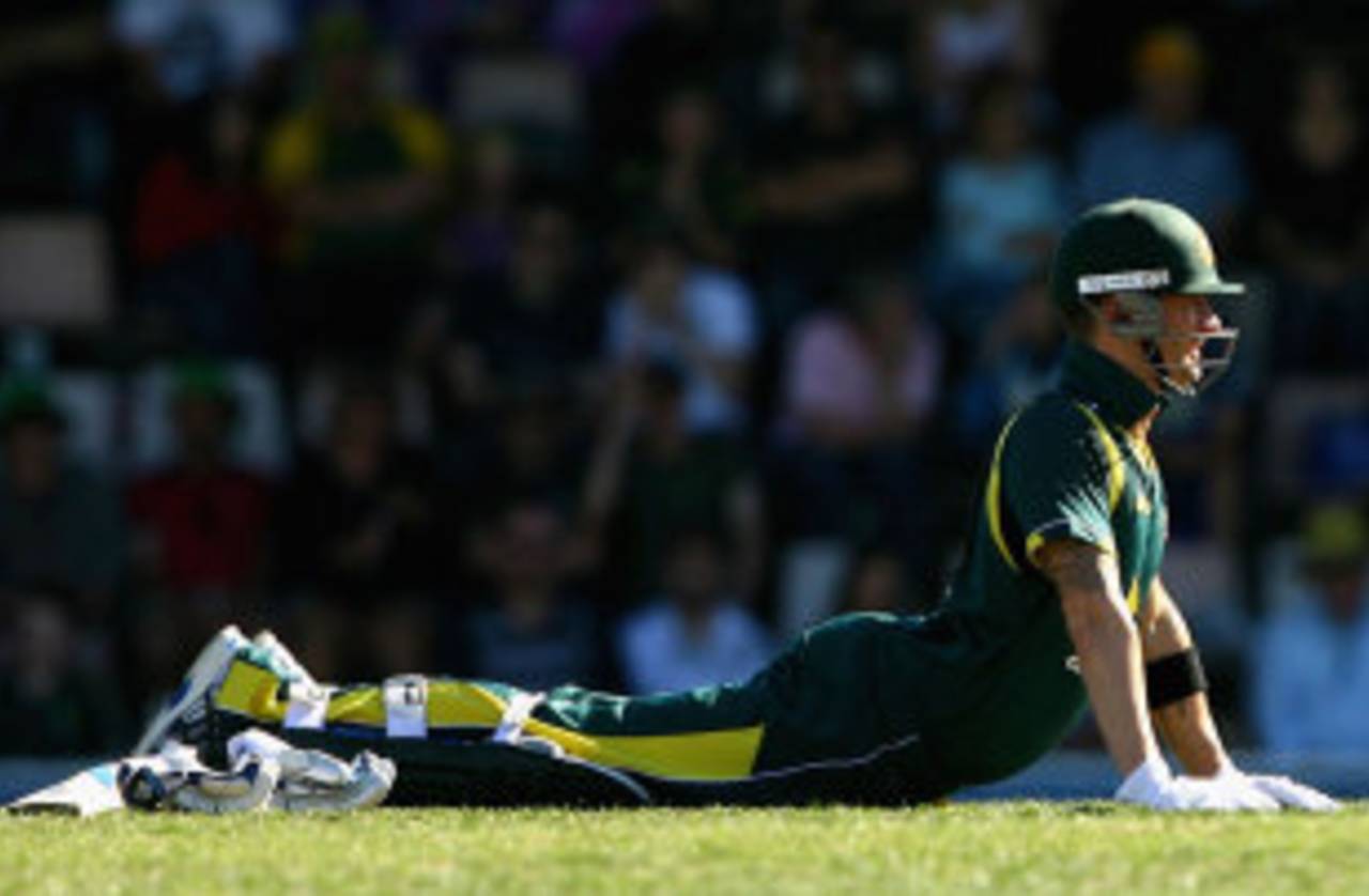 Michael Clarke had some back trouble during his innings, Australia v Sri Lanka, CB Series, Hobart, February 24, 2012