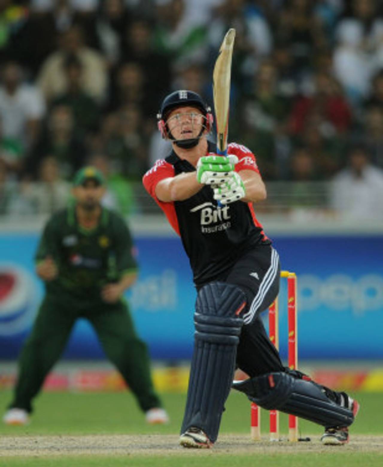 Jonny Bairstow lofts over the leg side during his crucial innings, Pakistan v England, 2nd Twenty20, Dubai, February 25, 2012